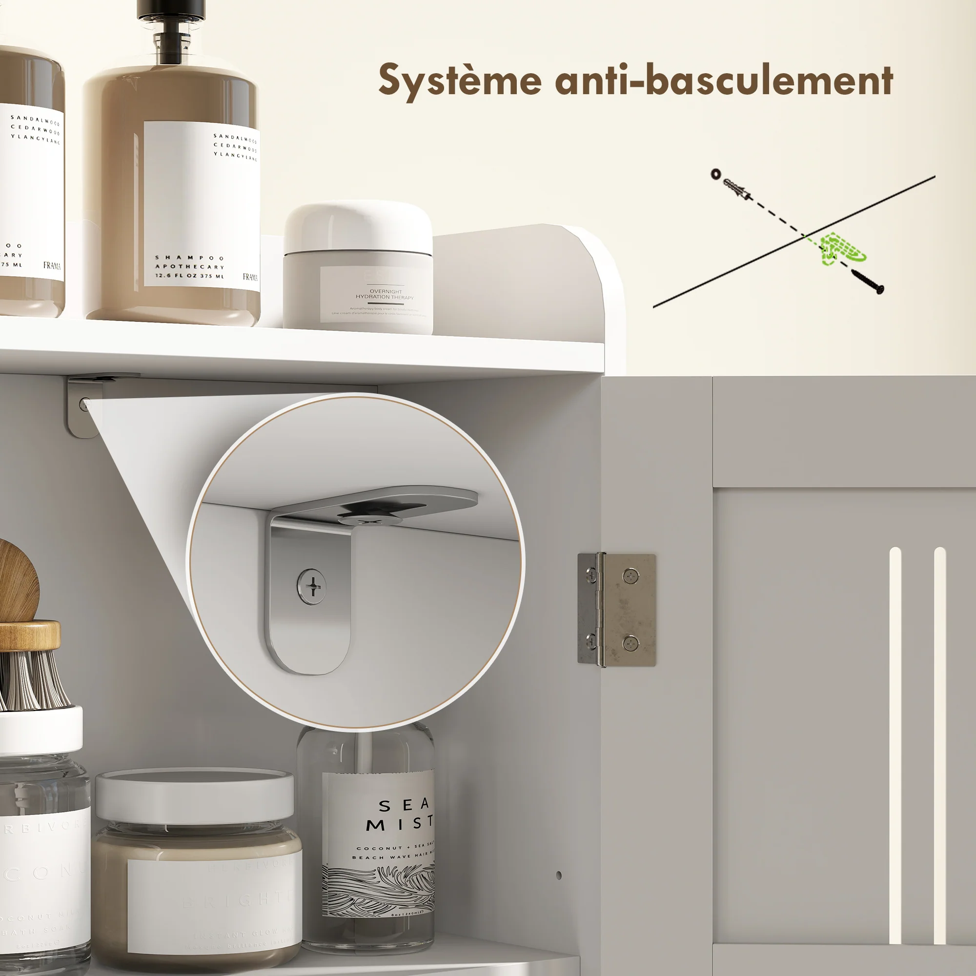 Meuble WC dessus de toilette/machine à laver avec placard à porte double, étagère réglable, meuble toilettes WC rangement armoire salle de bain avec niches et porte-papier, 80x19,5x170cm, blanc - Image 9
