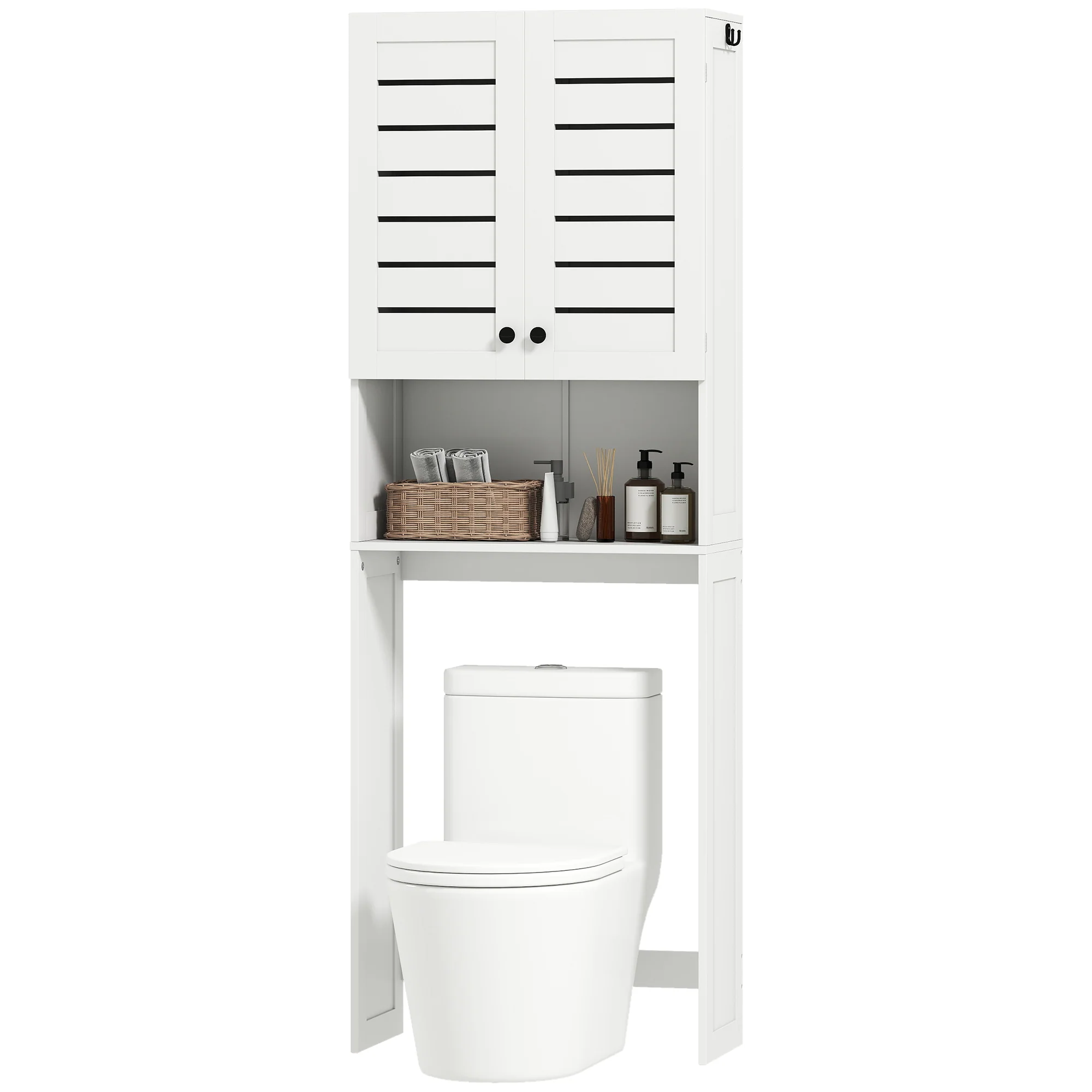 Meuble WC dessus de toilette/machine à laver avec placard à porte double, étagères, meuble toilettes WC rangement armoire salle de bain avec niches et portes à persiennes, 67x31,5x190cm, blanc