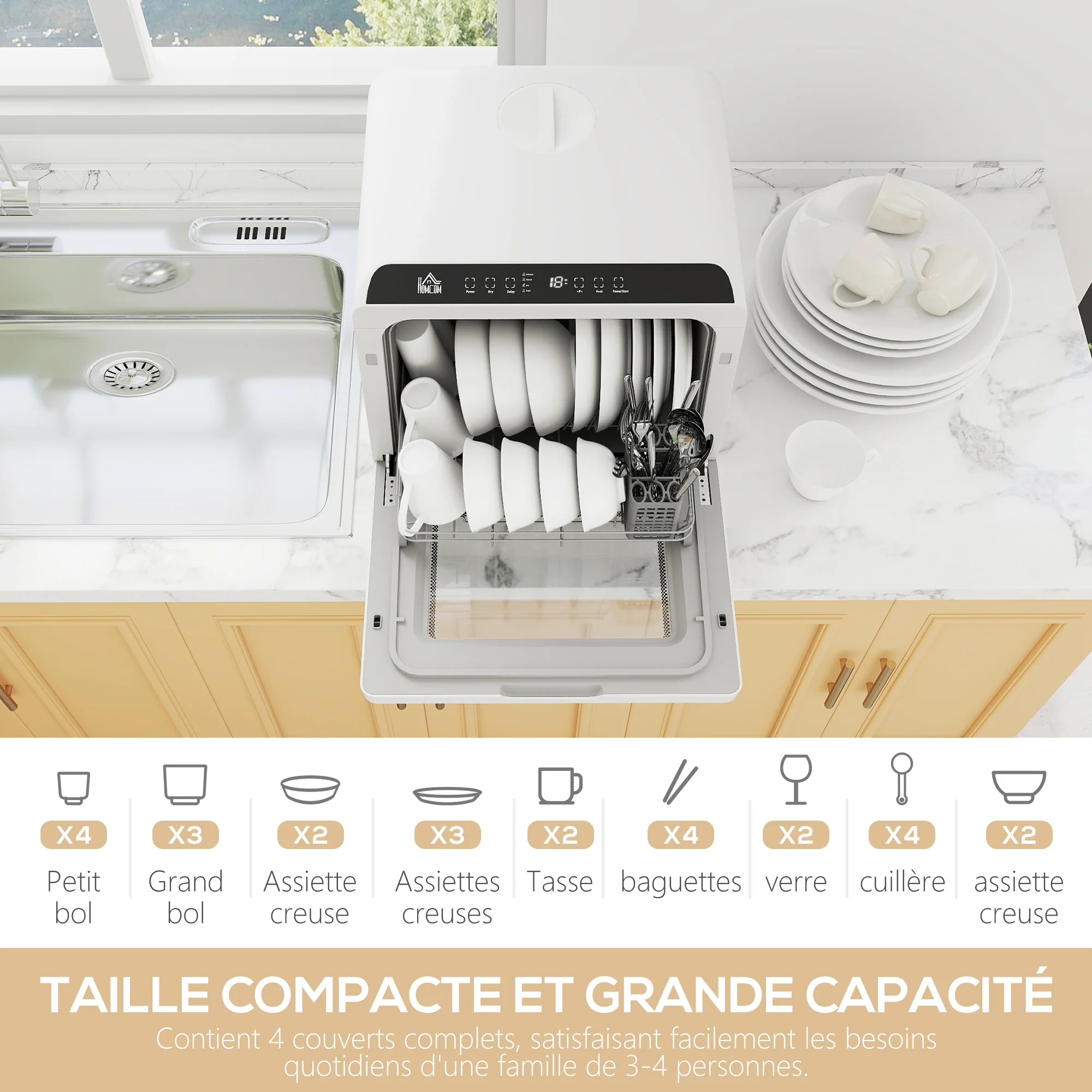 Mini lave-vaisselle compact 4 couverts, lave vaisselle de table, 6 programmes, commande tactile, écran LED, réservoir 6 L, départ différé, double alimentation en eau et séchage à l'air, blanc - Image 5