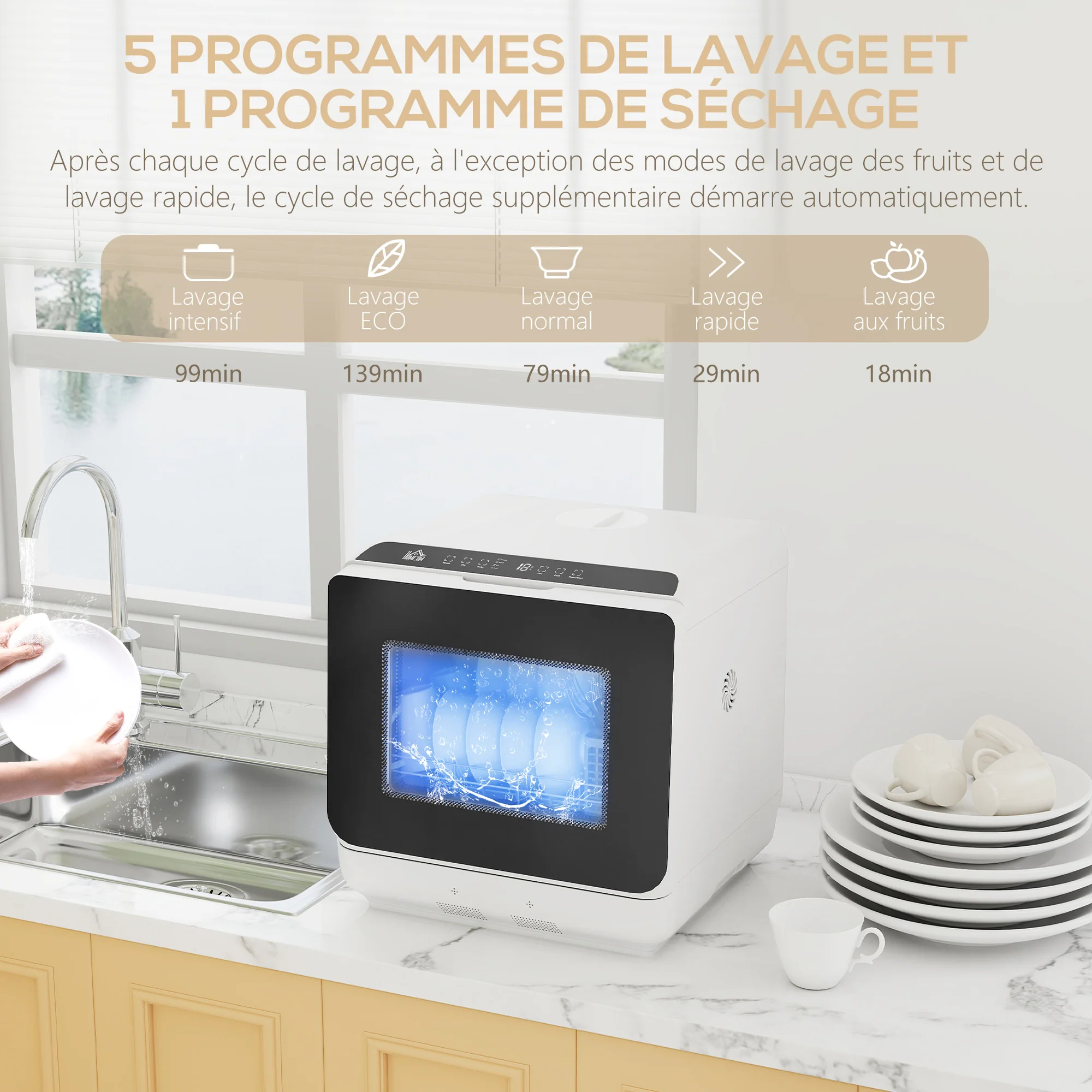 Mini lave-vaisselle compact 4 couverts, lave vaisselle de table, 6 programmes, commande tactile, écran LED, réservoir 6 L, départ différé, double alimentation en eau et séchage à l'air, blanc - Image 6