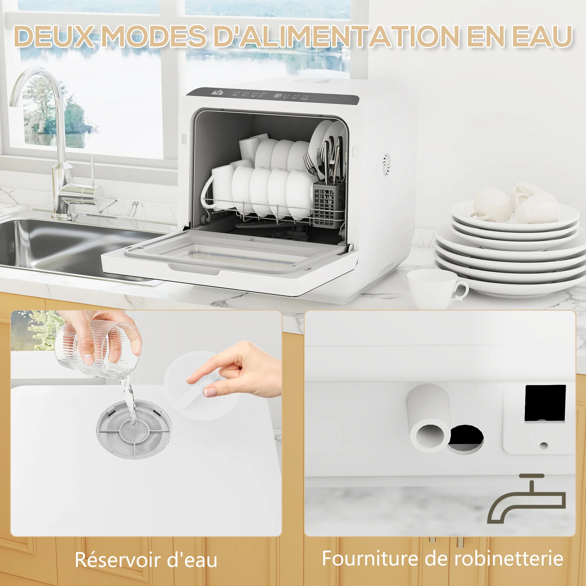 Mini lave-vaisselle compact 4 couverts, lave vaisselle de table, 6 programmes, commande tactile, écran LED, réservoir 6 L, départ différé, double alimentation en eau et séchage à l'air, blanc - Image 7