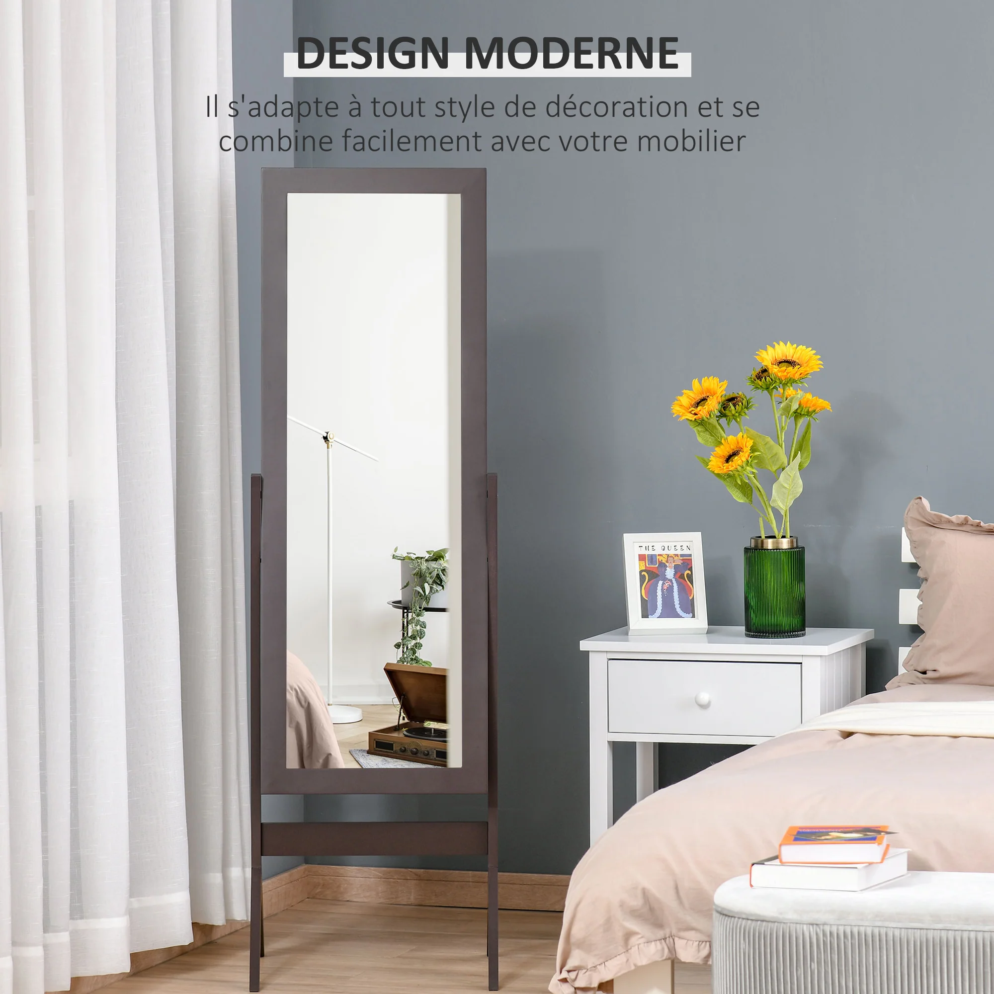 Miroir en Pied Grand Miroir de Sol Inclinaison réglable pour Dressing Chambre dim. 47L x 46l x 148H cm en Bois Brun Foncé - Image 6
