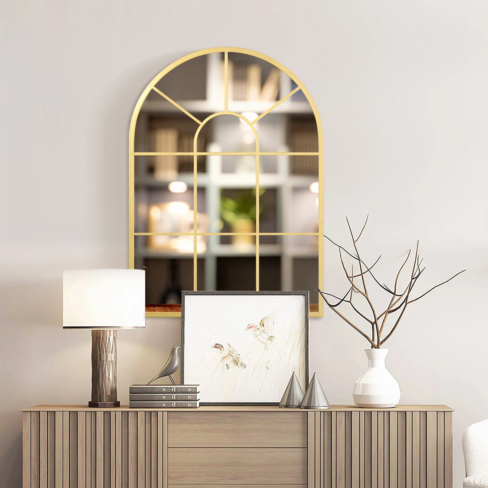 Miroir mural arqué 70 x 50 cm, miroir verrière arche style industriel, miroir de fenêtre arqué avec cadre métallique, pour salon, chambre, couloir, doré - Image 3