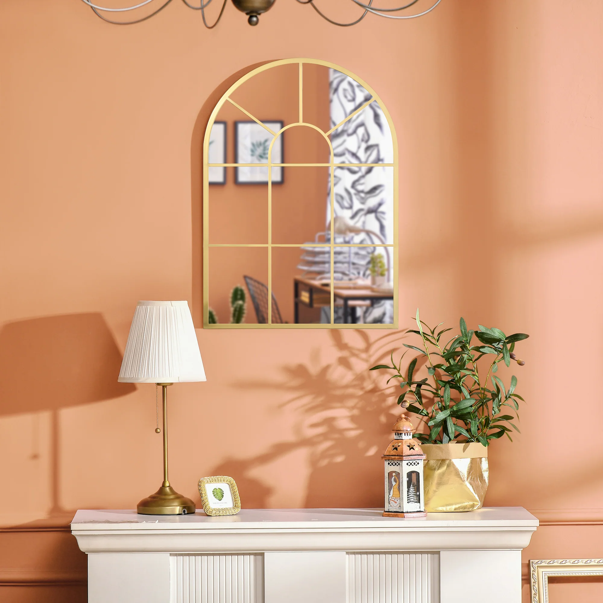 Miroir mural arqué 70 x 50 cm, miroir verrière arche style industriel, miroir de fenêtre arqué avec cadre métallique, pour salon, chambre, couloir, doré - Image 6