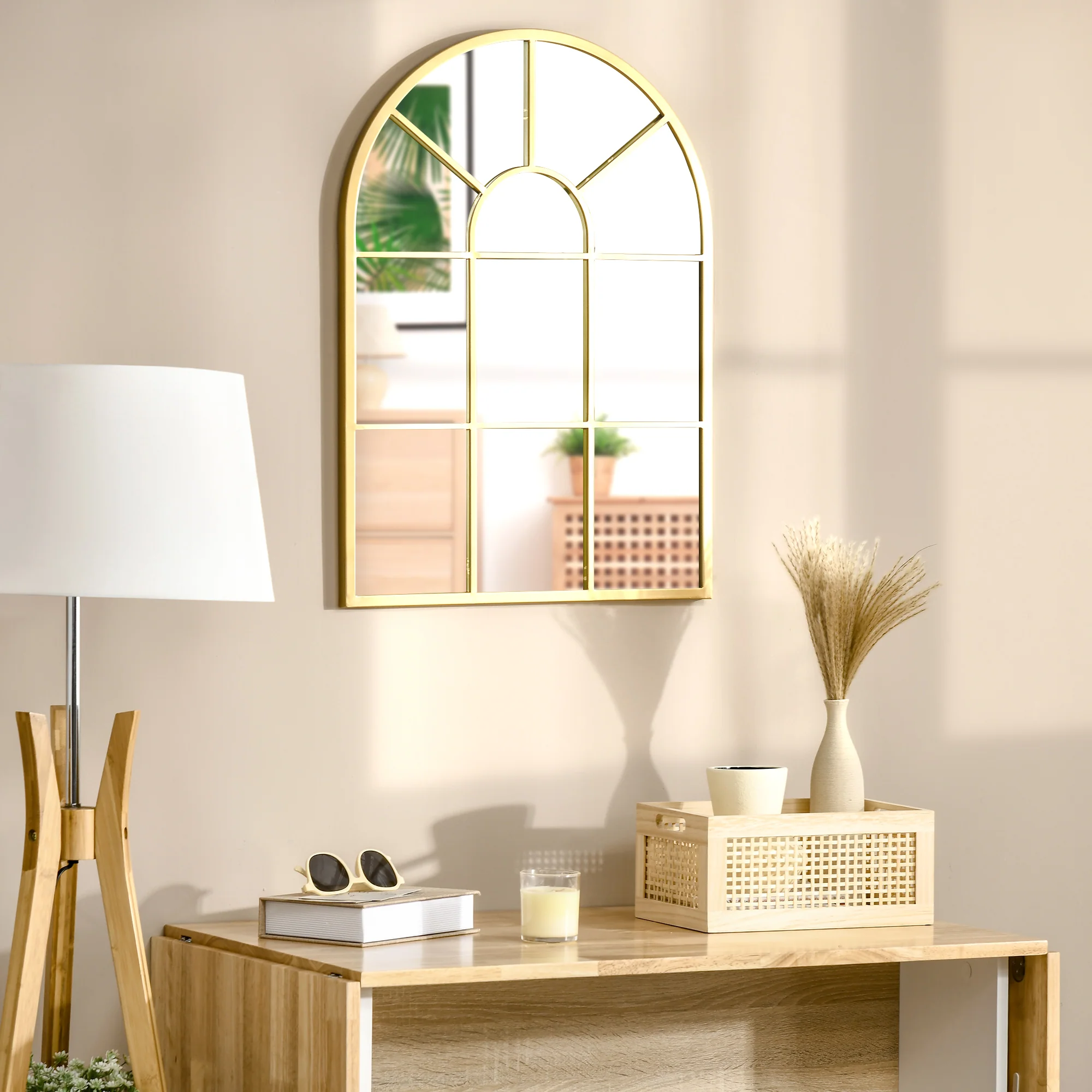 Miroir mural arqué 70 x 50 cm, miroir verrière arche style industriel, miroir de fenêtre arqué avec cadre métallique, pour salon, chambre, couloir, doré - Image 7