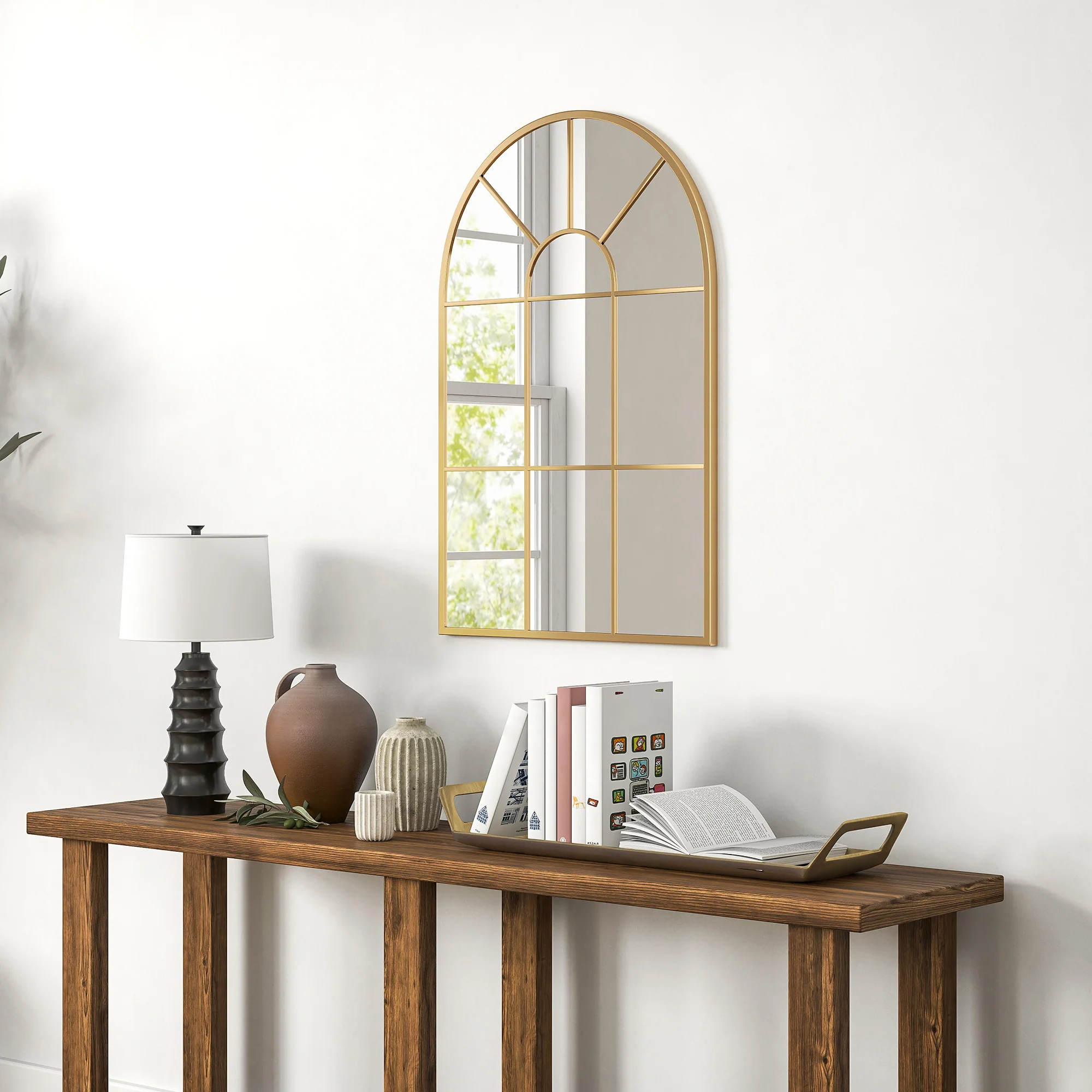 Miroir mural arqué 91 x 60 cm, miroir verrière arche style industriel, miroir de fenêtre arqué avec cadre métallique, pour salon, chambre, couloir, doré - Image 10