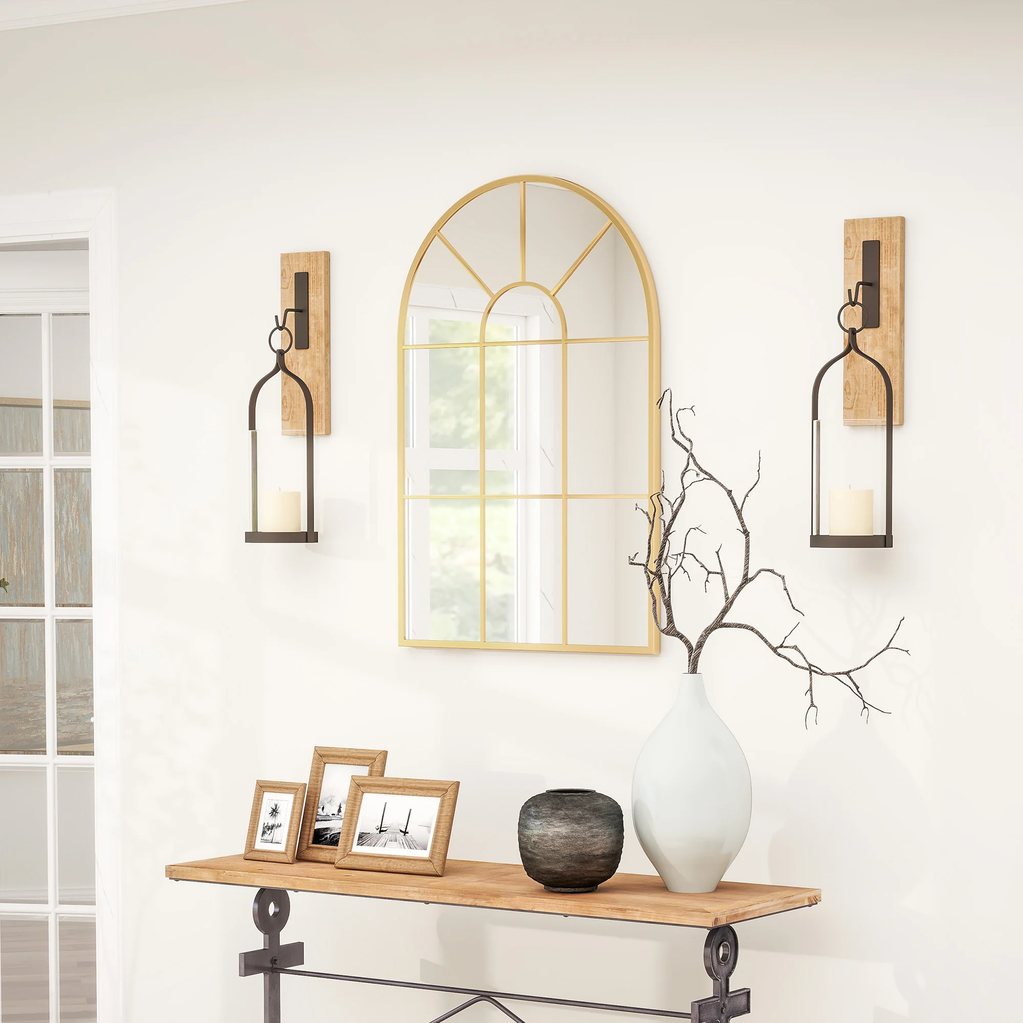 Miroir mural arqué 91 x 60 cm, miroir verrière arche style industriel, miroir de fenêtre arqué avec cadre métallique, pour salon, chambre, couloir, doré - Image 8