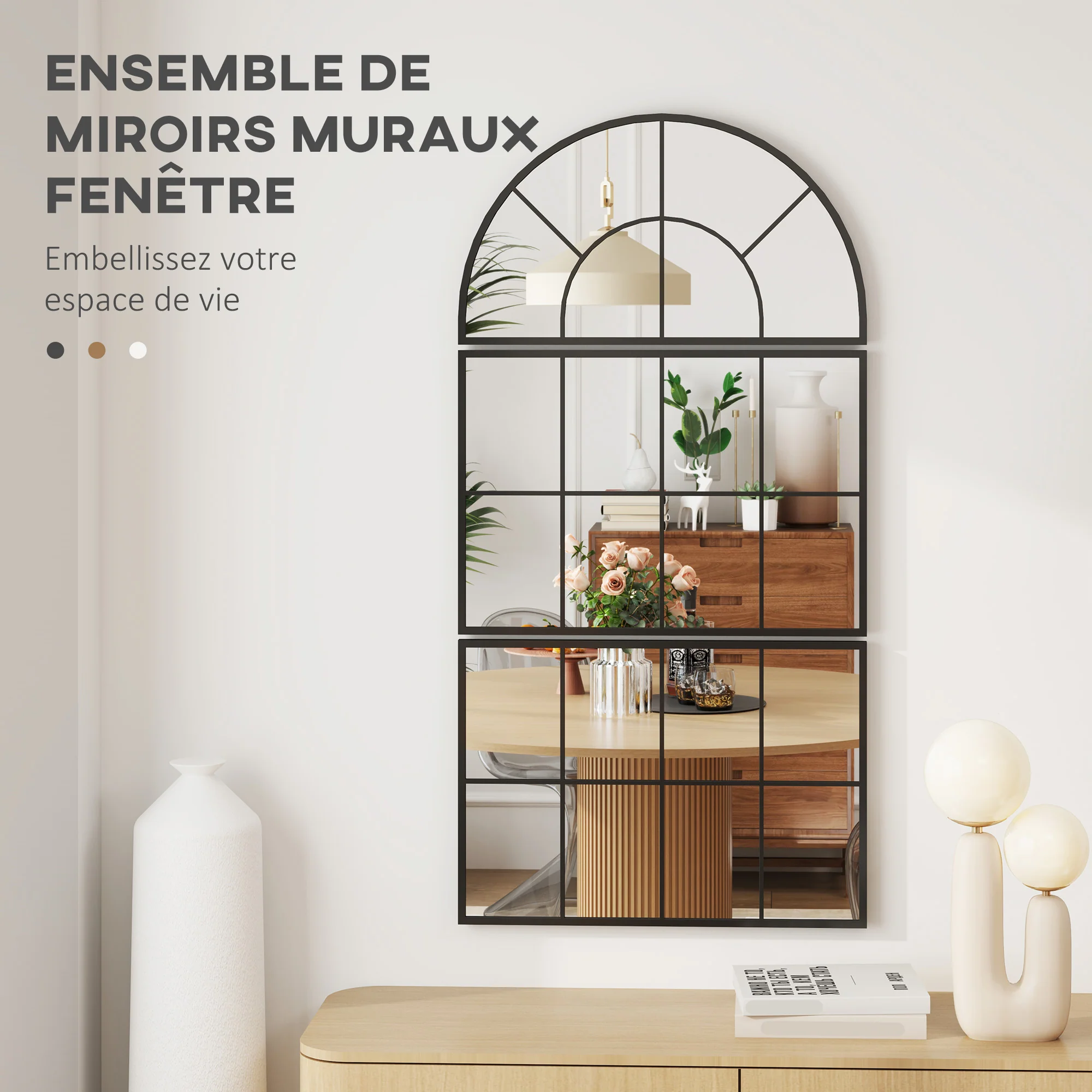 Miroir mural arqué, miroir mural en forme de fenêtre, ensemble de 3 pièces, cadre en métal, pour salon, chambre à coucher, couloir, 76 x 149 cm noir - Image 5