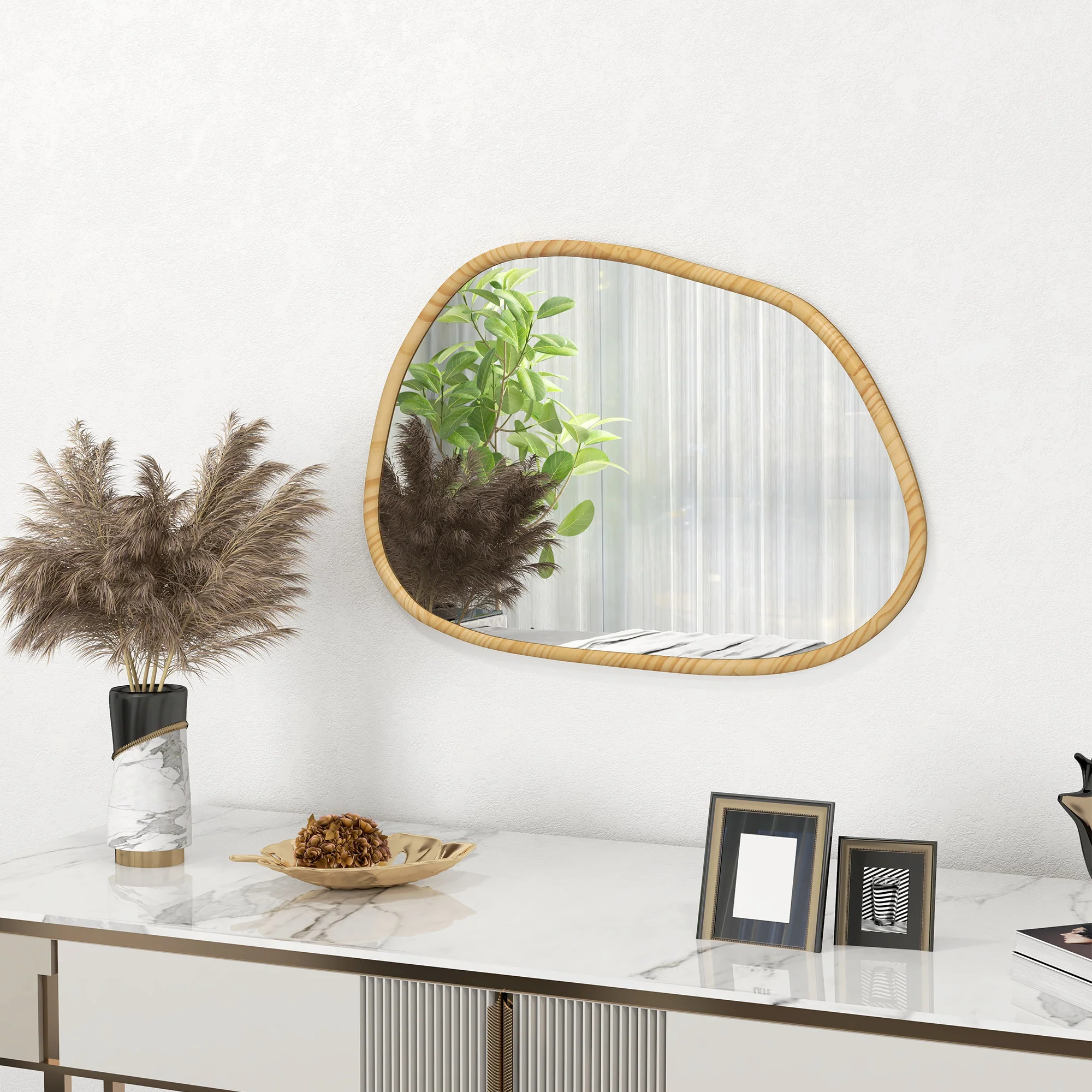 Miroir mural, miroir décoratif, forme organique, 70 x 50 cm, horizontal ou vertical, avec cadre en bois de pin, miroir suspendu pour salle de bain, chambre, salon, couloir, naturel - Image 10