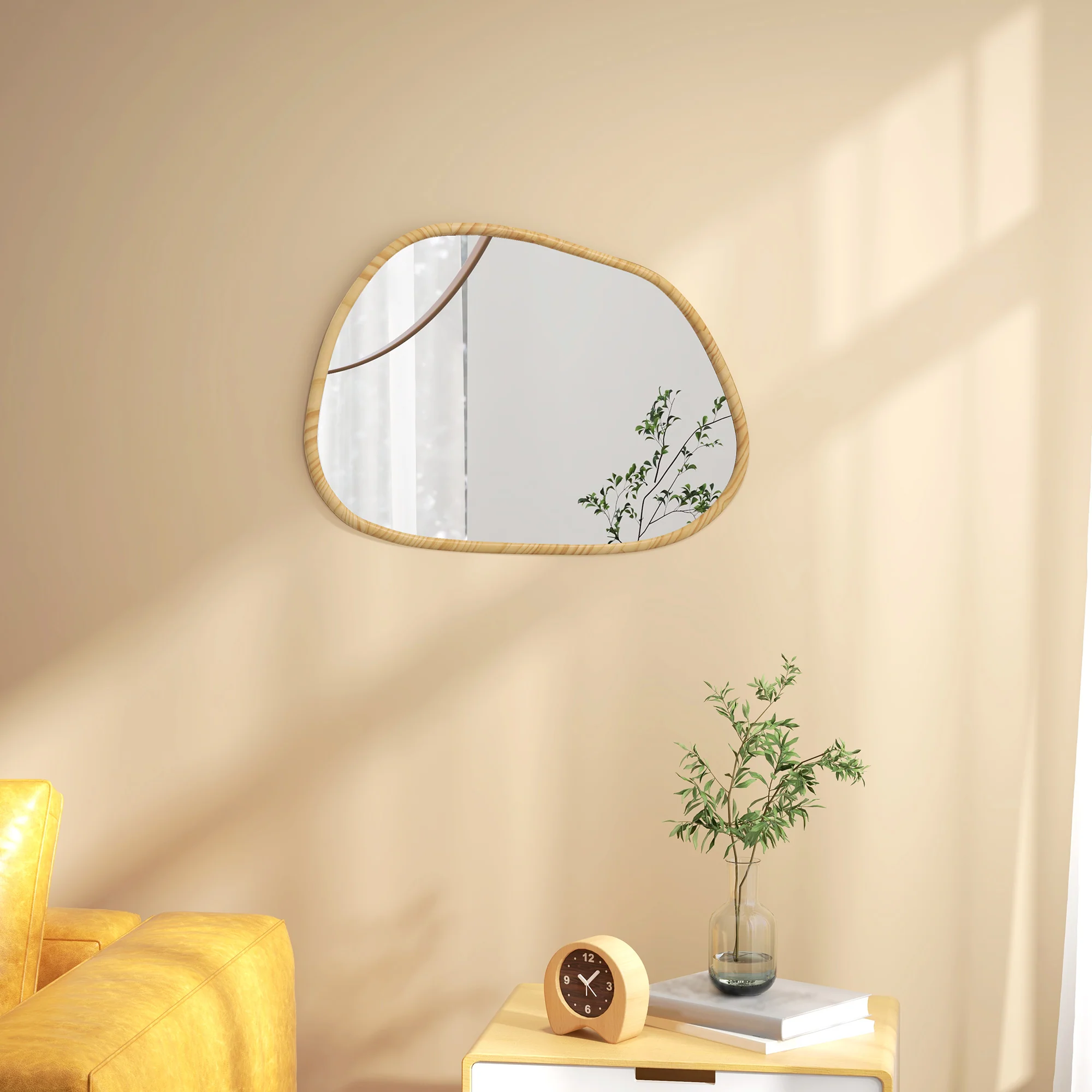 Miroir mural, miroir décoratif, forme organique, 70 x 50 cm, horizontal ou vertical, avec cadre en bois de pin, miroir suspendu pour salle de bain, chambre, salon, couloir, naturel - Image 3