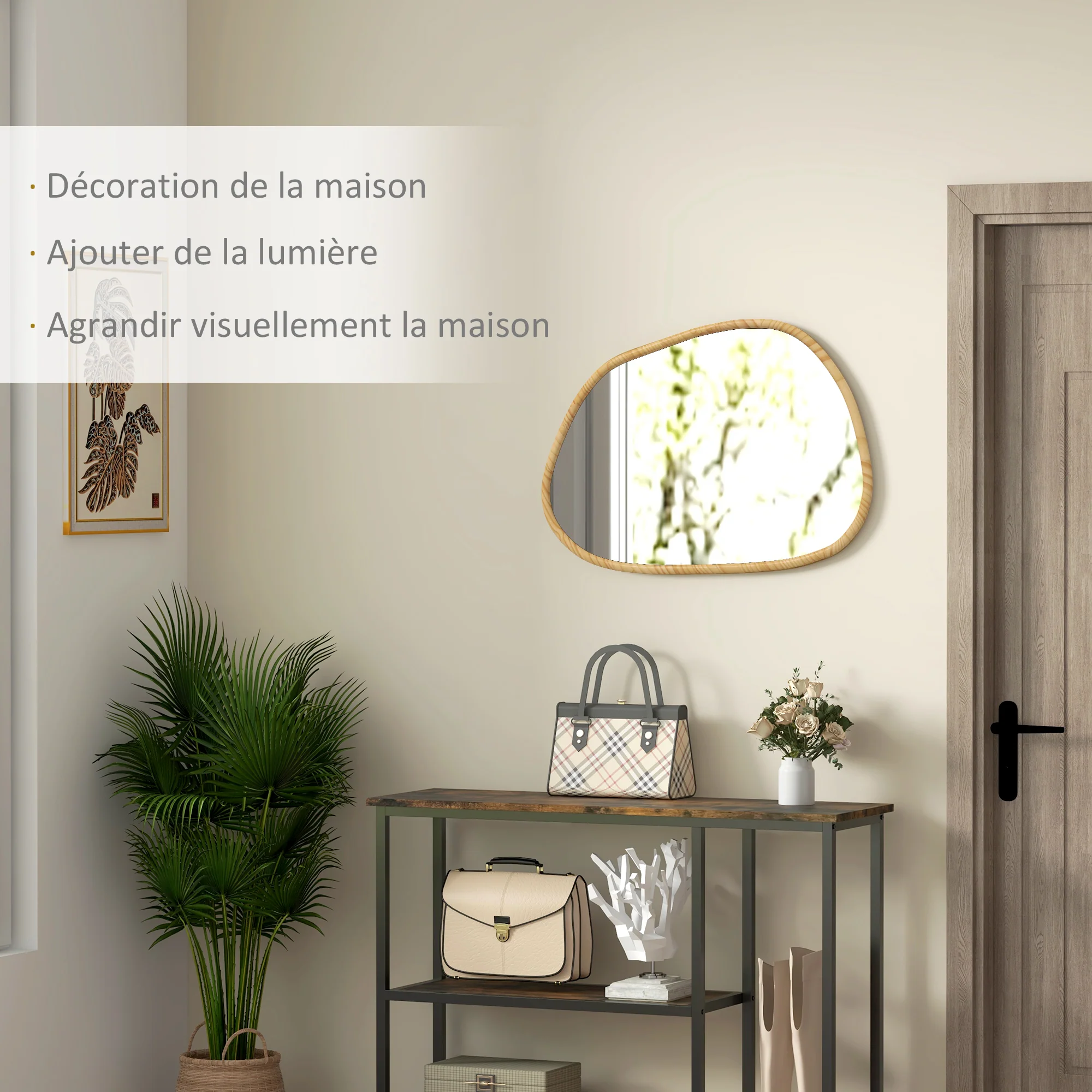 Miroir mural, miroir décoratif, forme organique, 70 x 50 cm, horizontal ou vertical, avec cadre en bois de pin, miroir suspendu pour salle de bain, chambre, salon, couloir, naturel - Image 5