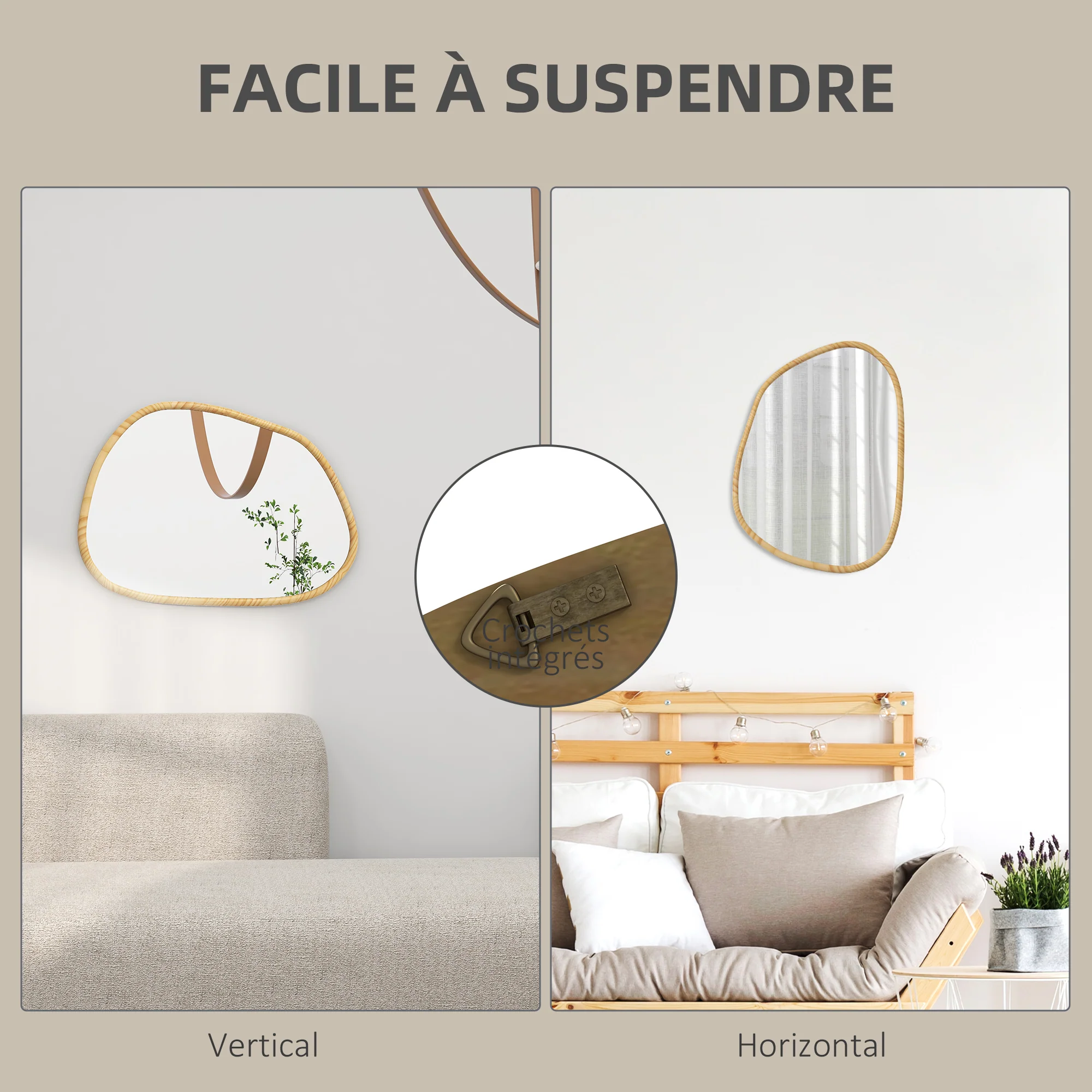 Miroir mural, miroir décoratif, forme organique, 70 x 50 cm, horizontal ou vertical, avec cadre en bois de pin, miroir suspendu pour salle de bain, chambre, salon, couloir, naturel - Image 6