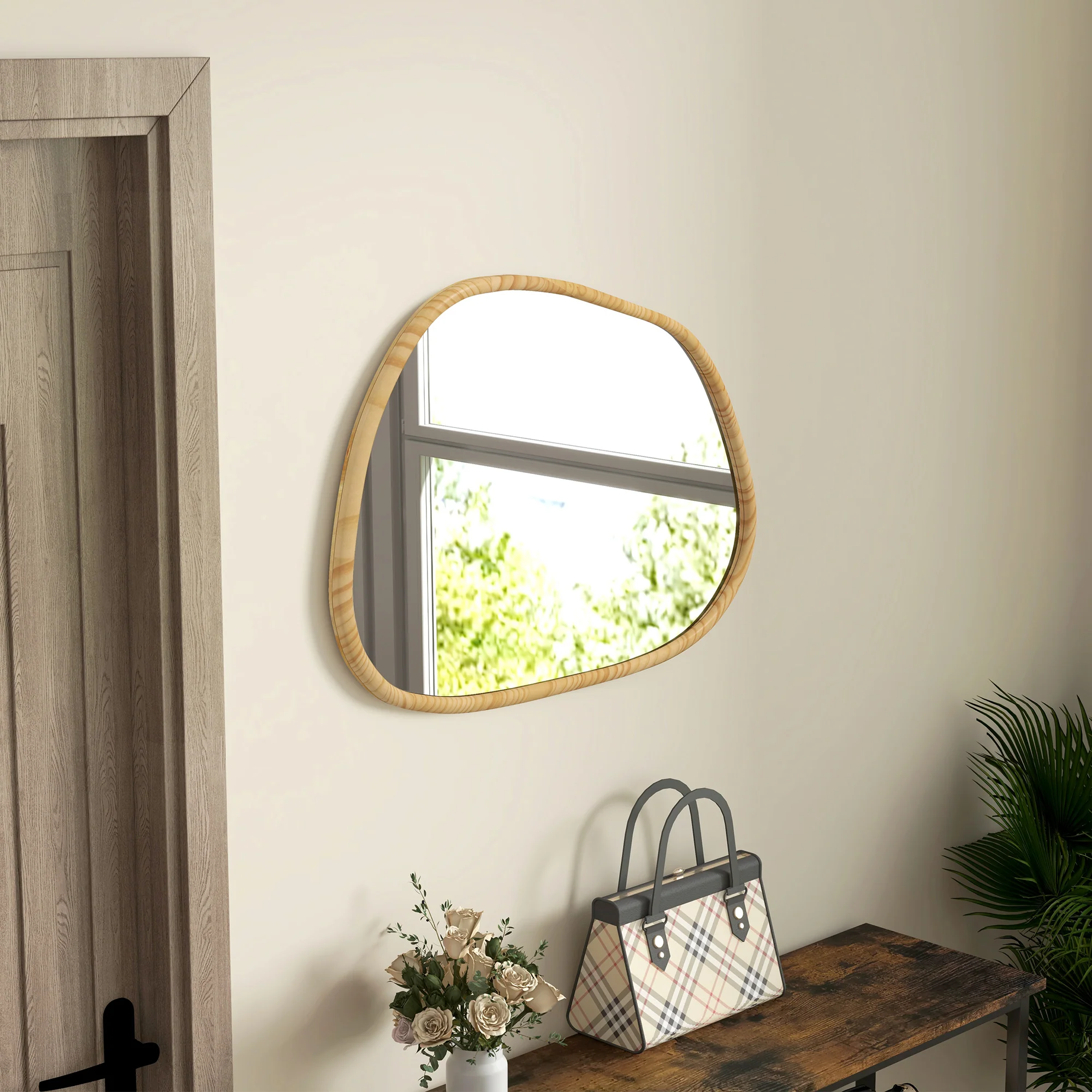 Miroir mural, miroir décoratif, forme organique, 70 x 50 cm, horizontal ou vertical, avec cadre en bois de pin, miroir suspendu pour salle de bain, chambre, salon, couloir, naturel - Image 8