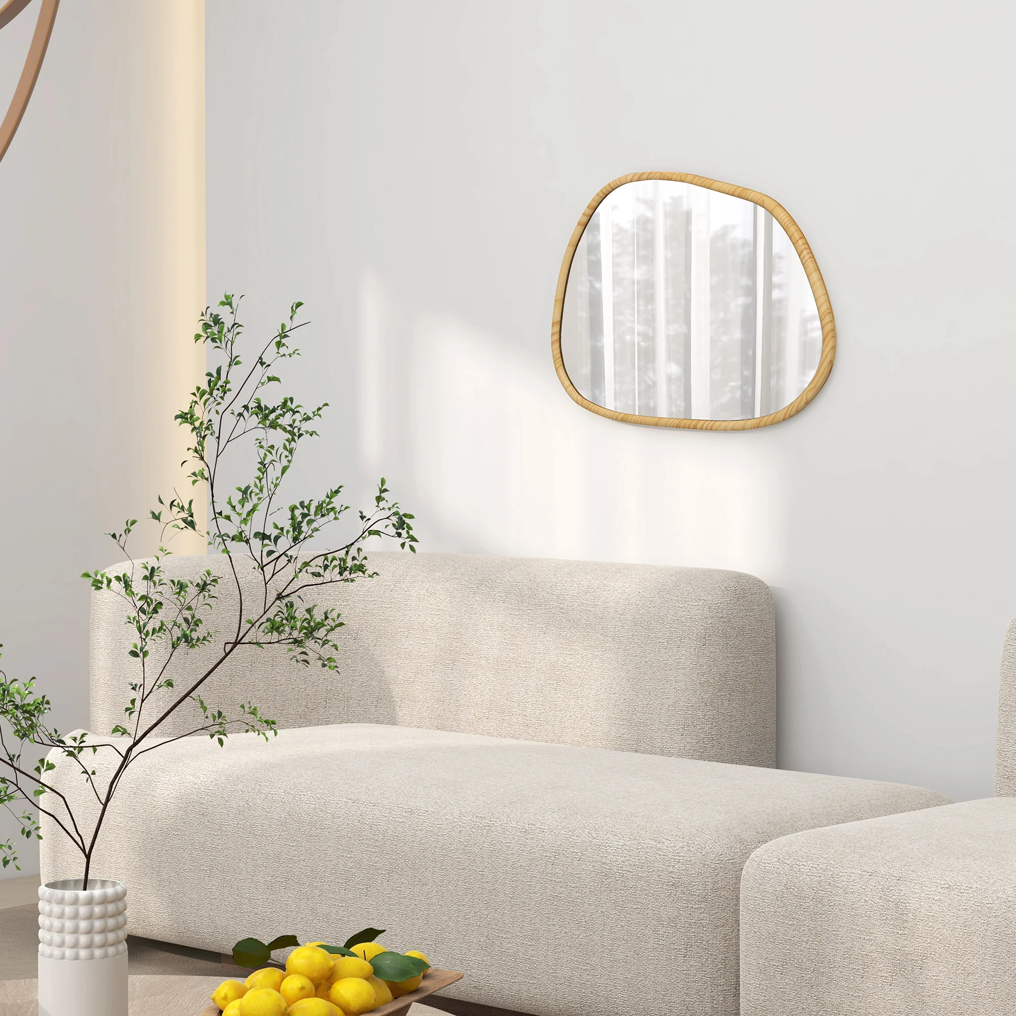 Miroir mural, miroir décoratif, forme organique, 70 x 50 cm, horizontal ou vertical, avec cadre en bois de pin, miroir suspendu pour salle de bain, chambre, salon, couloir, naturel - Image 9