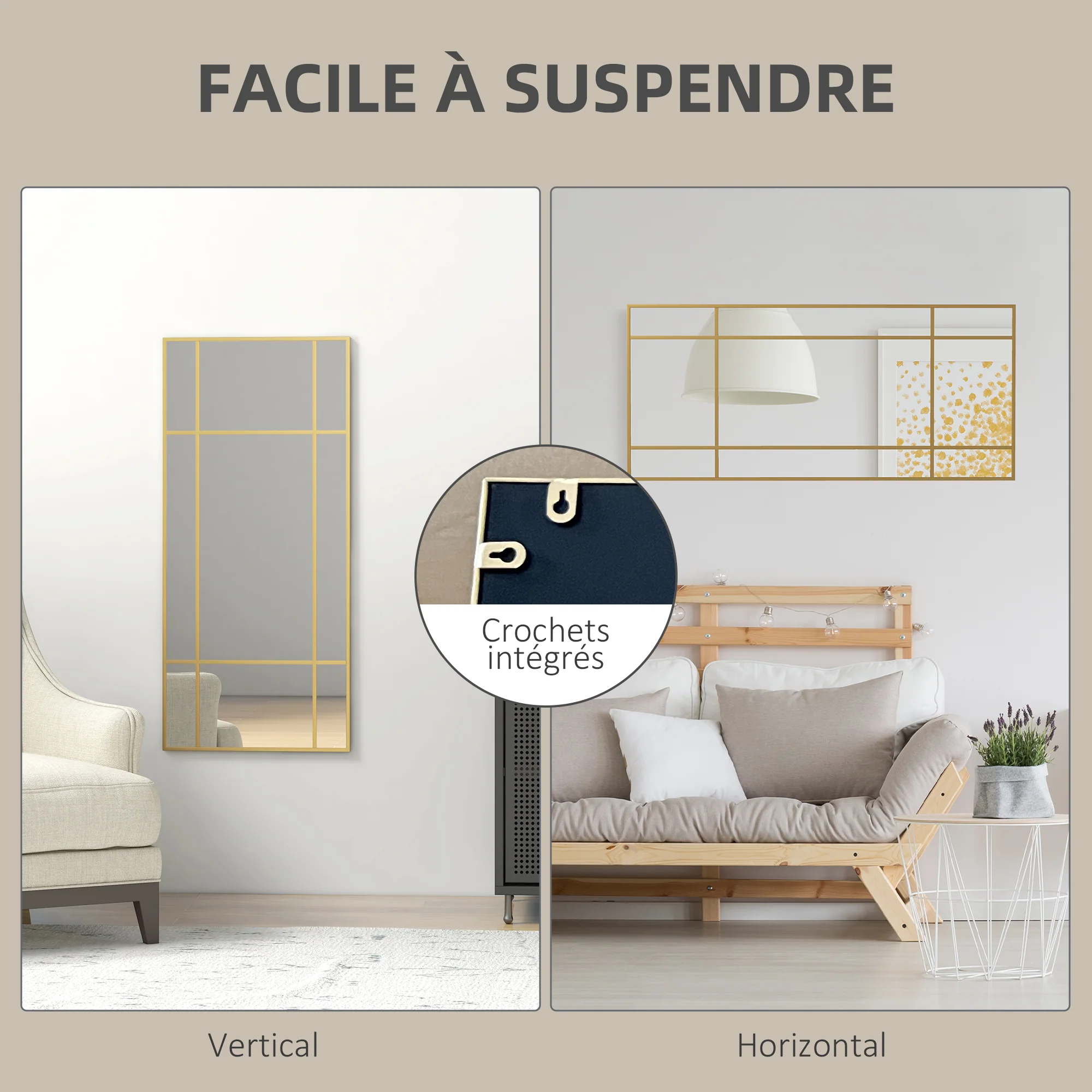 Miroir mural verrière rectangulaire style fenêtre, horizontal ou vertical avec 4 crochets, en métal doré - 110x50 cm - Image 6