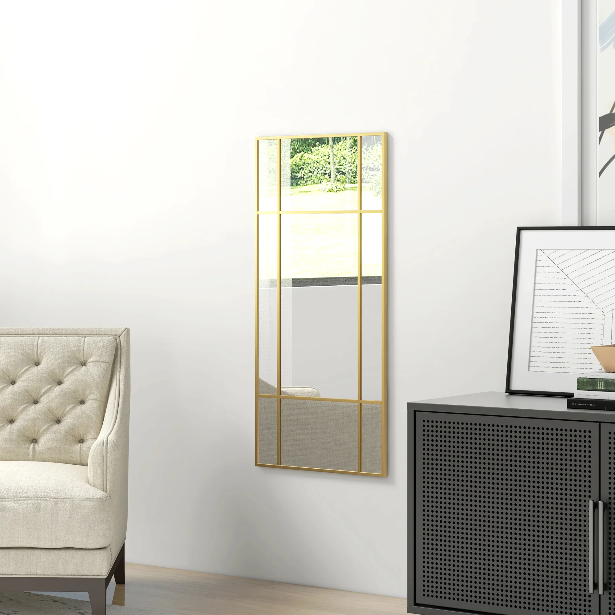 Miroir mural verrière rectangulaire style fenêtre, horizontal ou vertical avec 4 crochets, en métal doré - 110x50 cm - Image 9