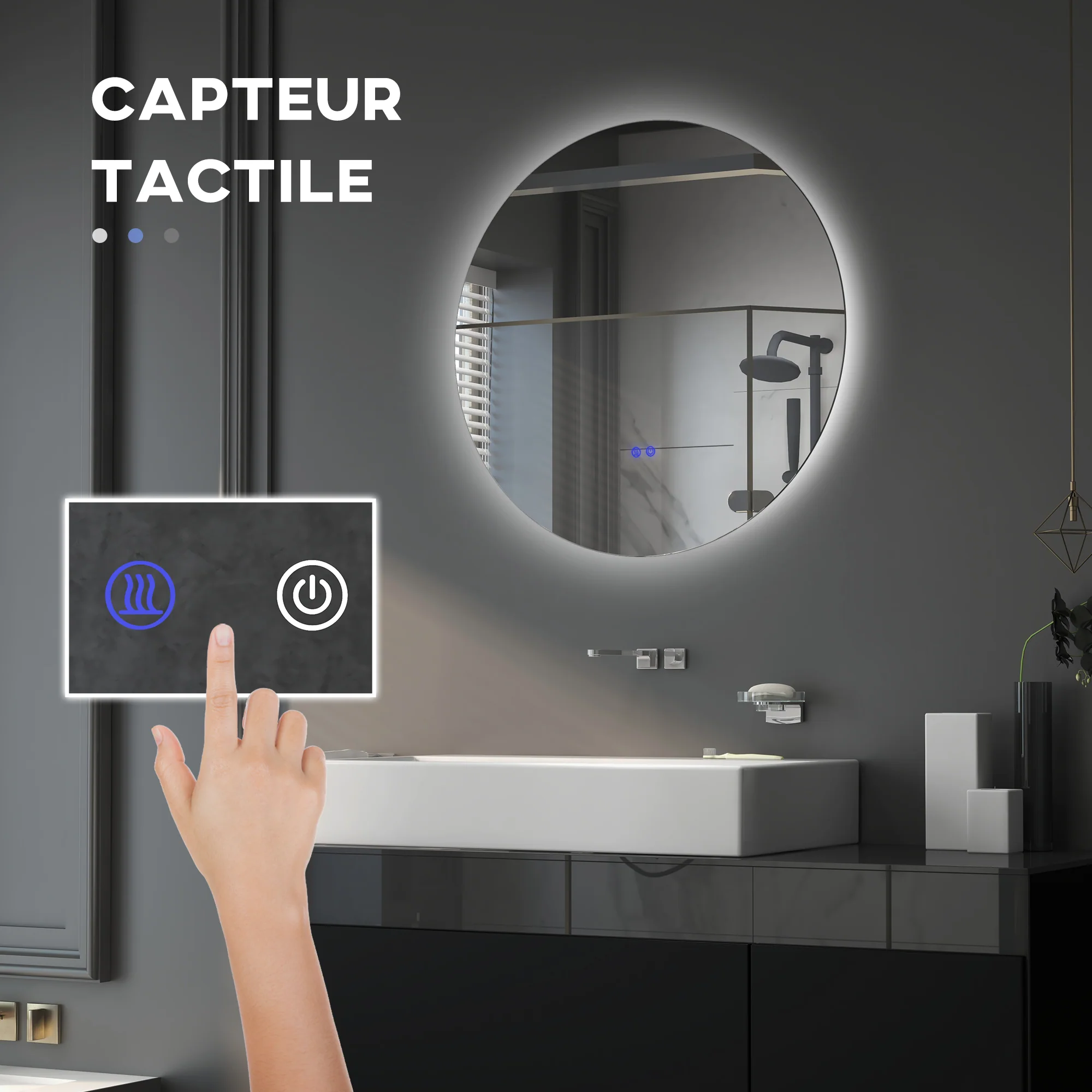 Miroir rond lumineux LED miroir mural de salle de bain 70 cm avec éclairage interrupteur tactile système antibuée luminosité réglable 35W blanc et argent - Image 4