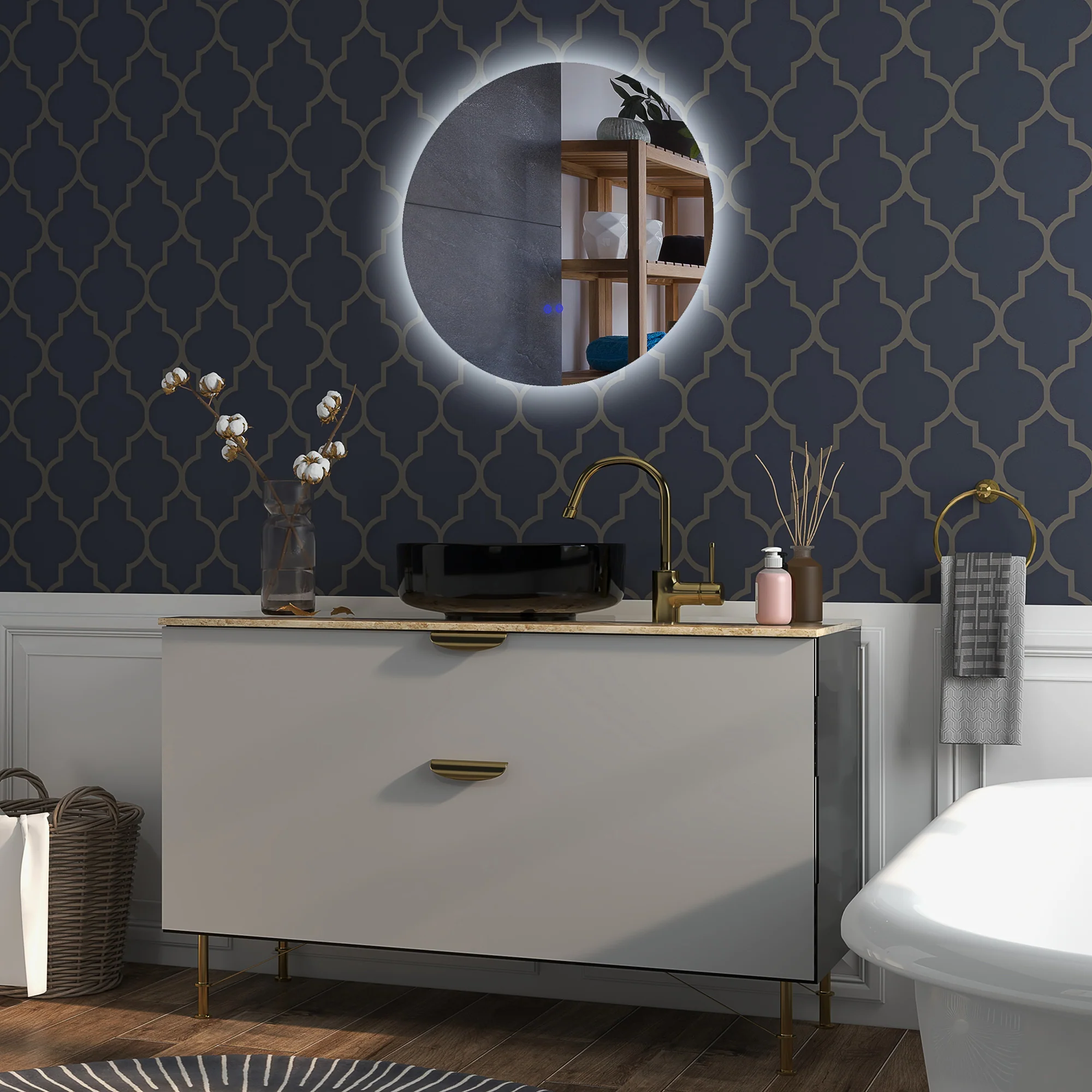 Miroir rond lumineux LED miroir mural de salle de bain 70 cm avec éclairage interrupteur tactile système antibuée luminosité réglable 35W blanc et argent - Image 9