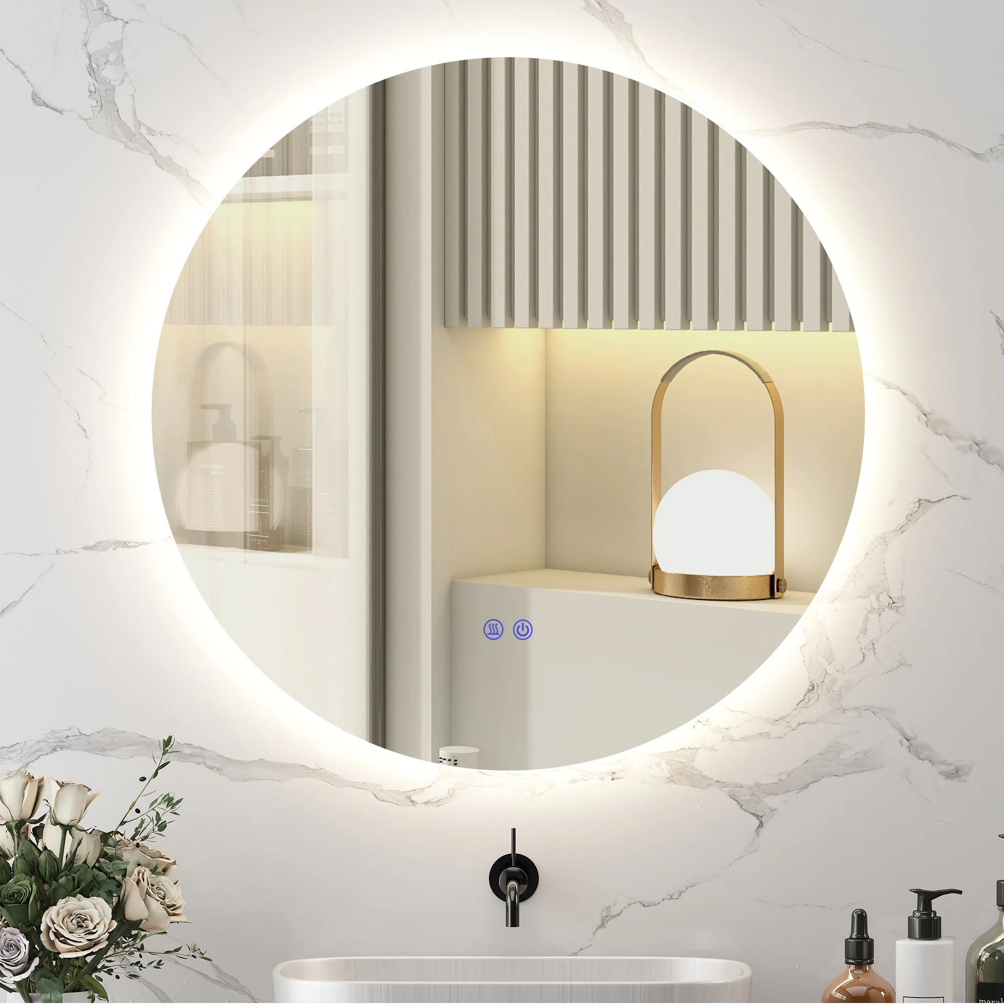 Miroir rond lumineux LED miroir mural de salle de bain 80 cm avec éclairage interrupteur tactile système antibuée luminosité réglable 20,5W+26W blanc et argent - Image 3