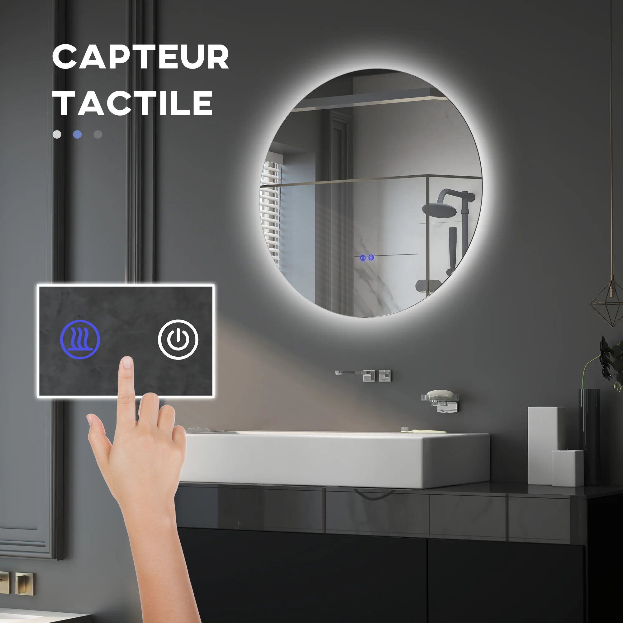 Miroir rond lumineux LED miroir mural de salle de bain 80 cm avec éclairage interrupteur tactile système antibuée luminosité réglable 20,5W+26W blanc et argent - Image 5