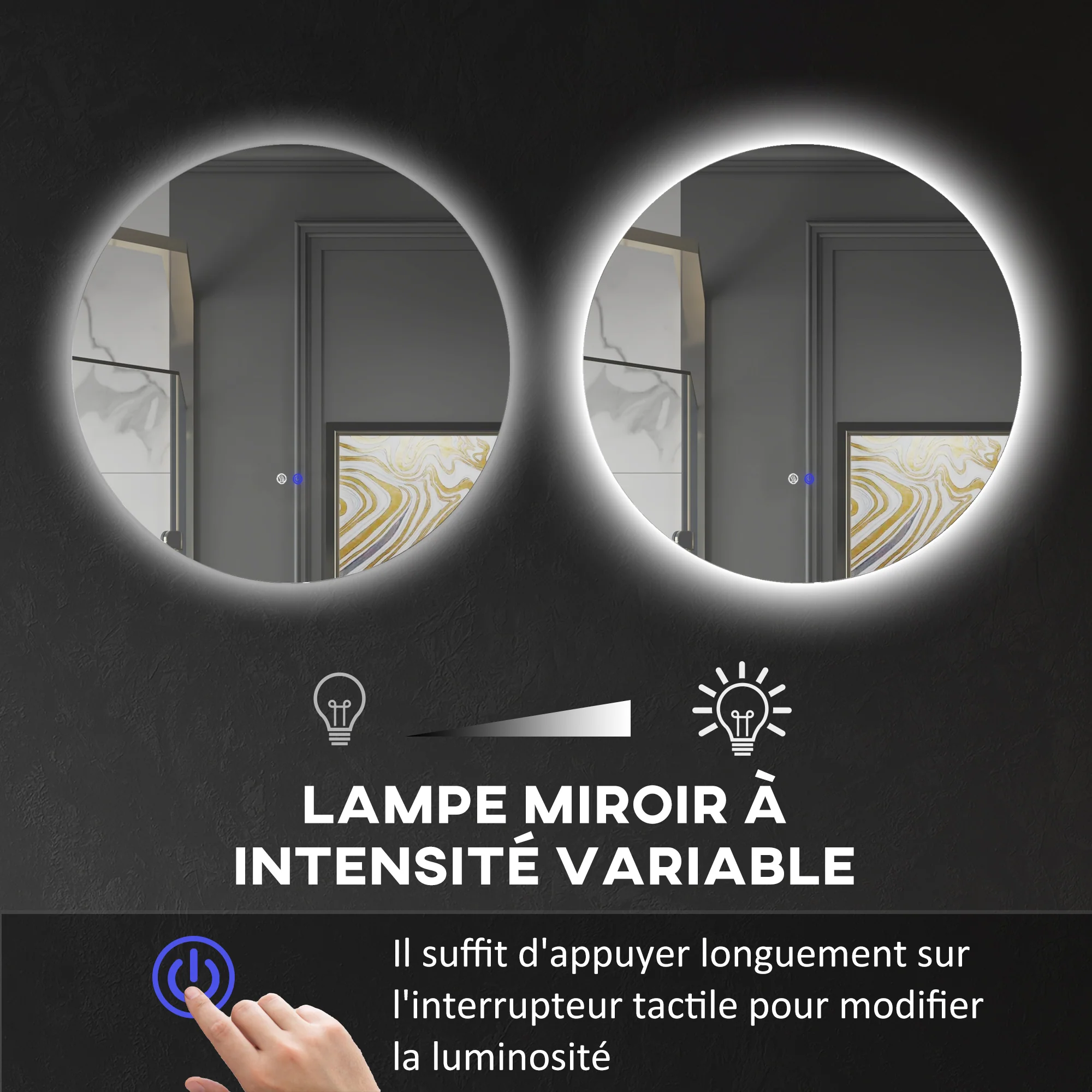 Miroir rond lumineux LED miroir mural de salle de bain 80 cm avec éclairage interrupteur tactile système antibuée luminosité réglable 20,5W+26W blanc et argent - Image 6