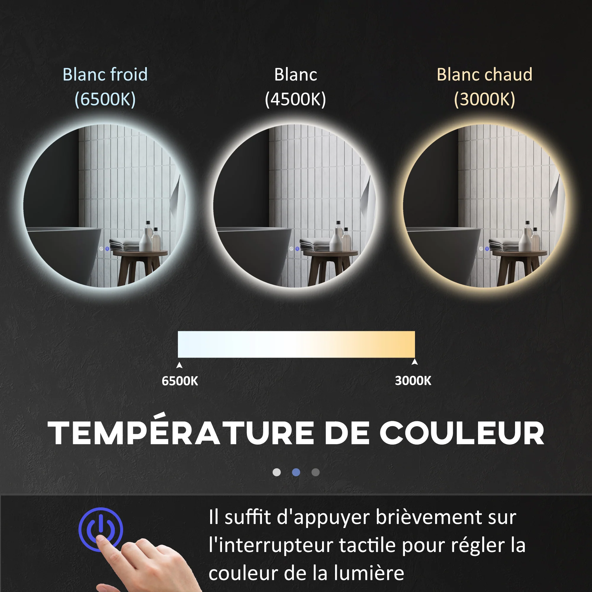 Miroir rond lumineux LED miroir mural de salle de bain 80 cm avec éclairage interrupteur tactile système antibuée luminosité réglable 20,5W+26W blanc et argent - Image 7