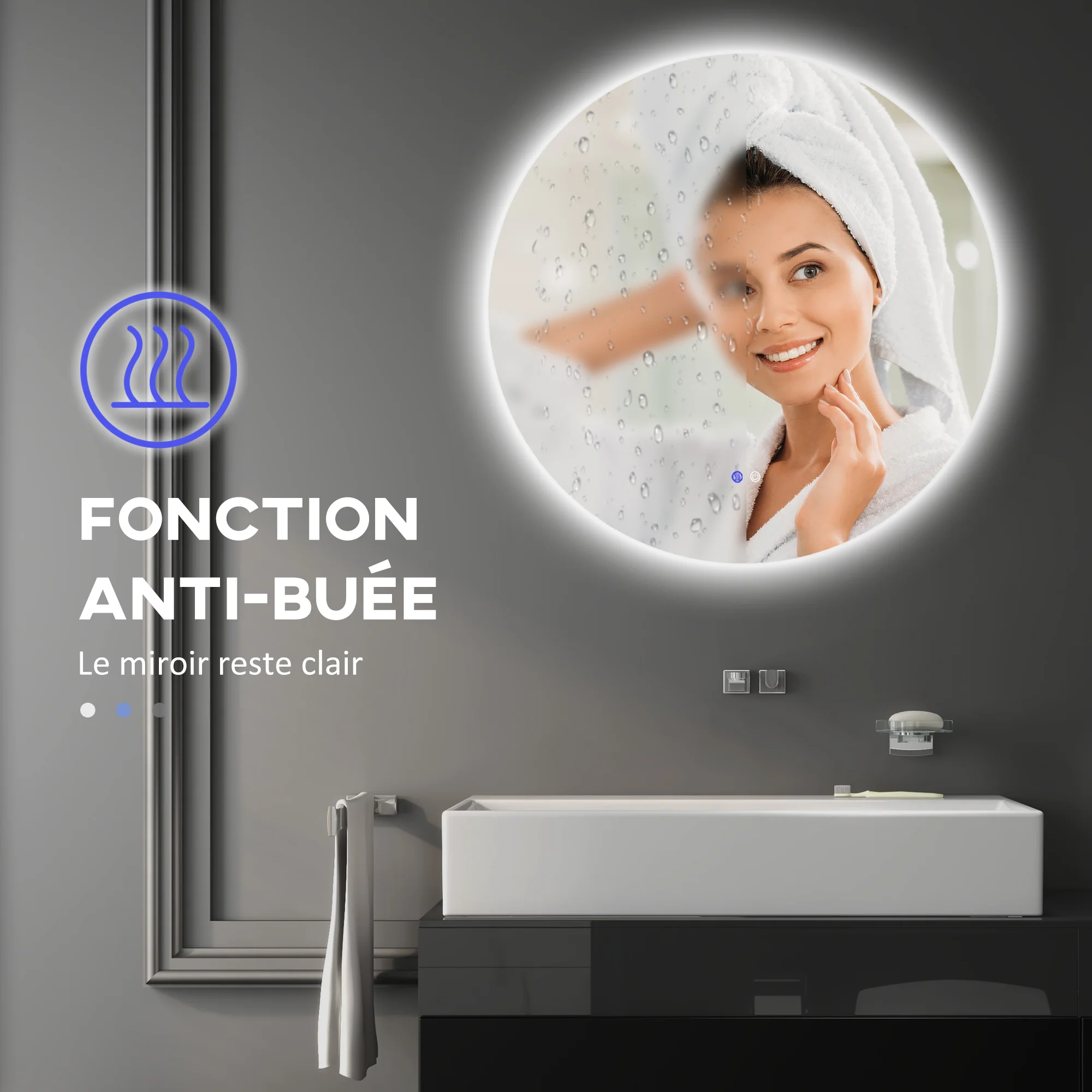 Miroir rond lumineux LED miroir mural de salle de bain 80 cm avec éclairage interrupteur tactile système antibuée luminosité réglable 20,5W+26W blanc et argent - Image 8