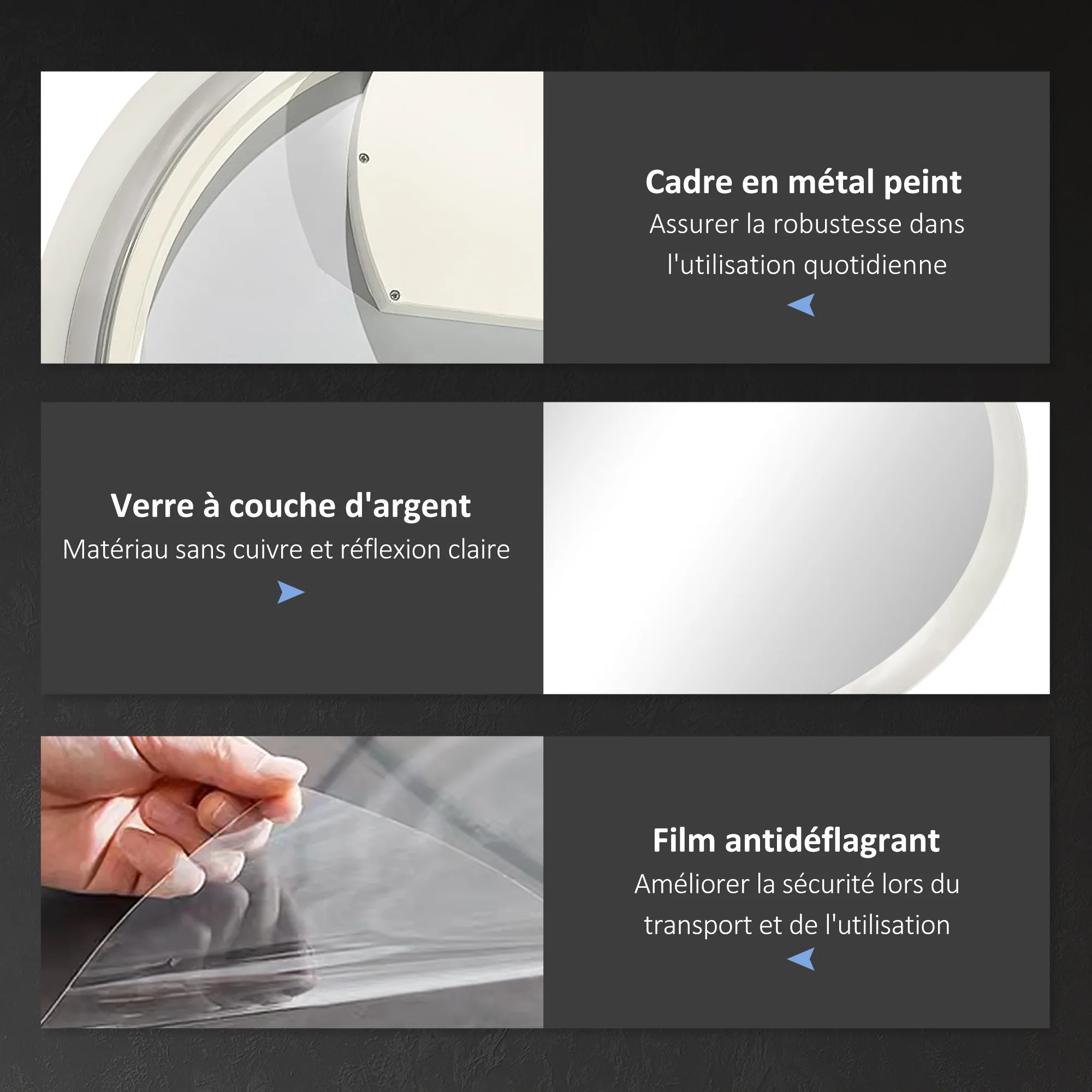 Miroir rond salle de bain avec éclairage LED ? 60 cm, miroir mural 29W avec anti-buée, 3 couleurs réglables, dimmable, interrupteur tactile, fonction mémoire, blanc et argent - Image 8