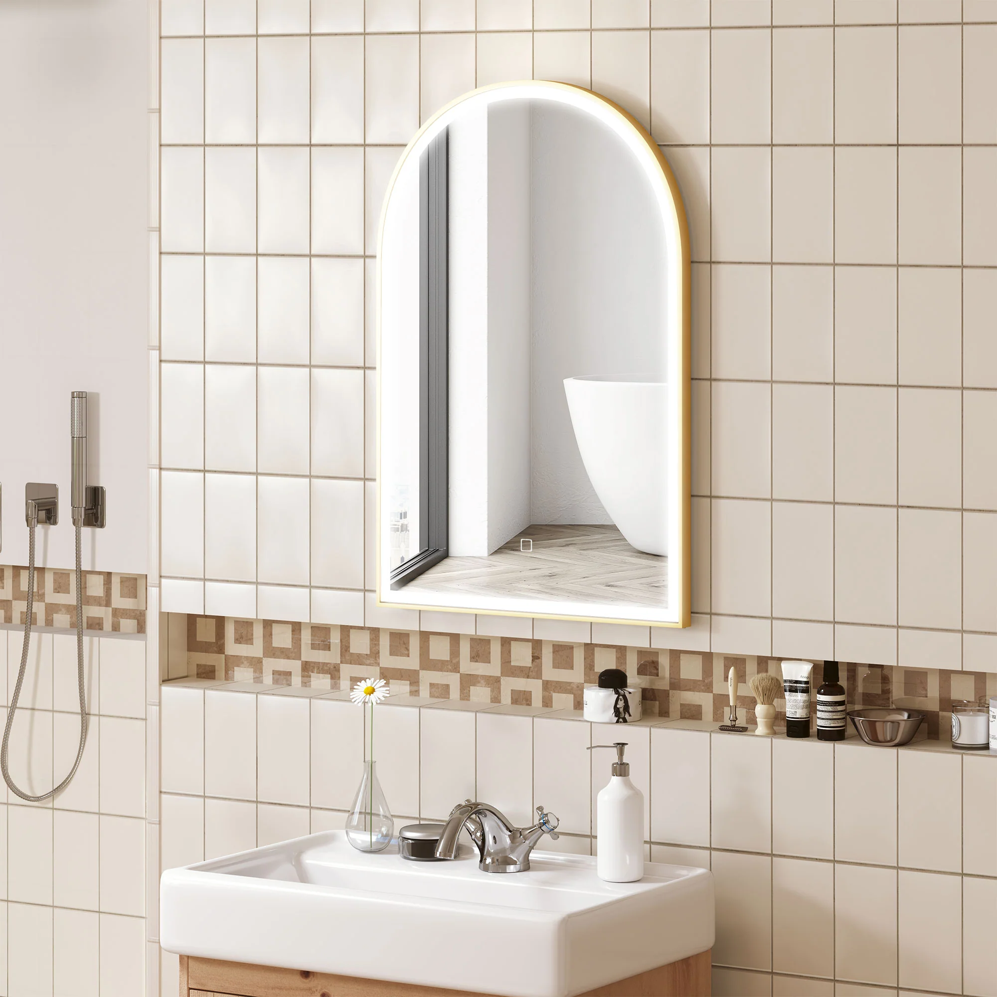 Miroir salle de bain 90 x 60 cm, miroir mural arqué, miroir salle de bain avec éclairage LED, lumière réglable 3 couleurs, anti-buée, mémoire, interrupteur tactile, cadre en aluminium - doré - Image 10