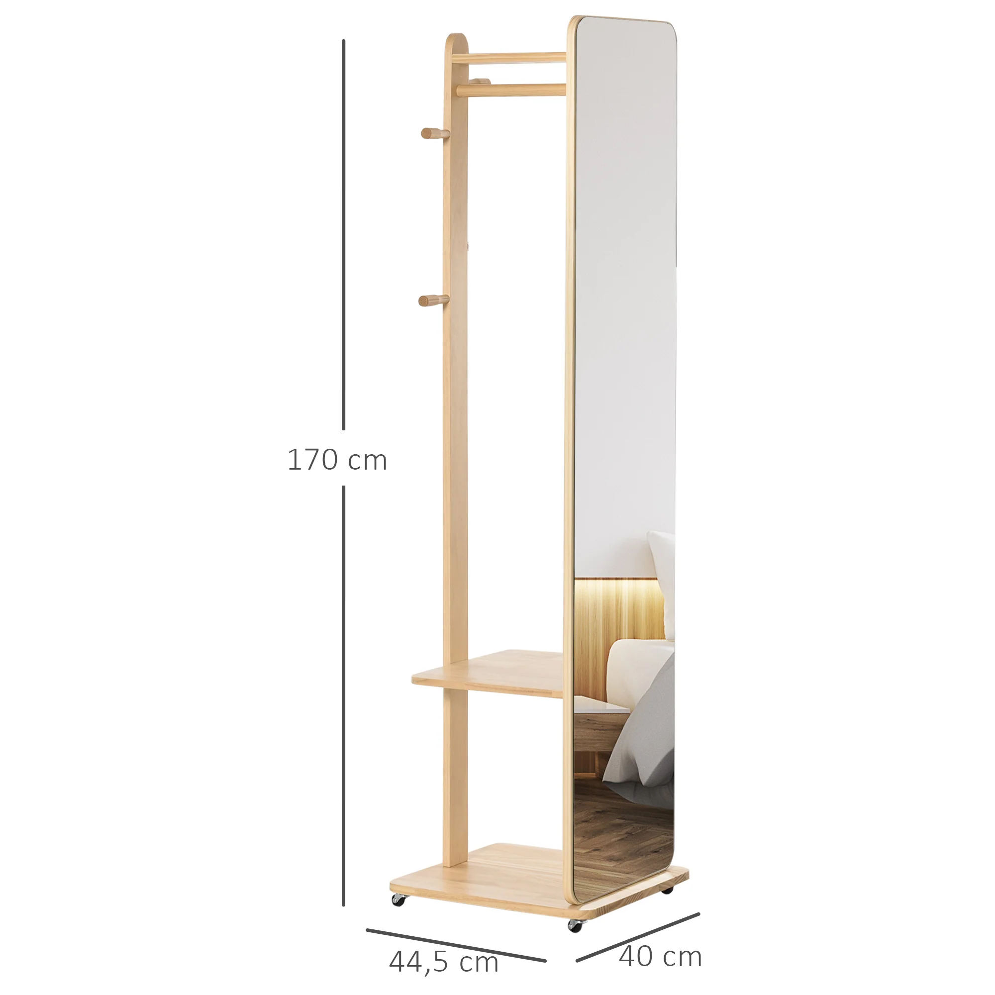 Miroir sur Pied avec roulettes - Portant, 4 patères étagère MDF Aspect Bois Clair - Image 2