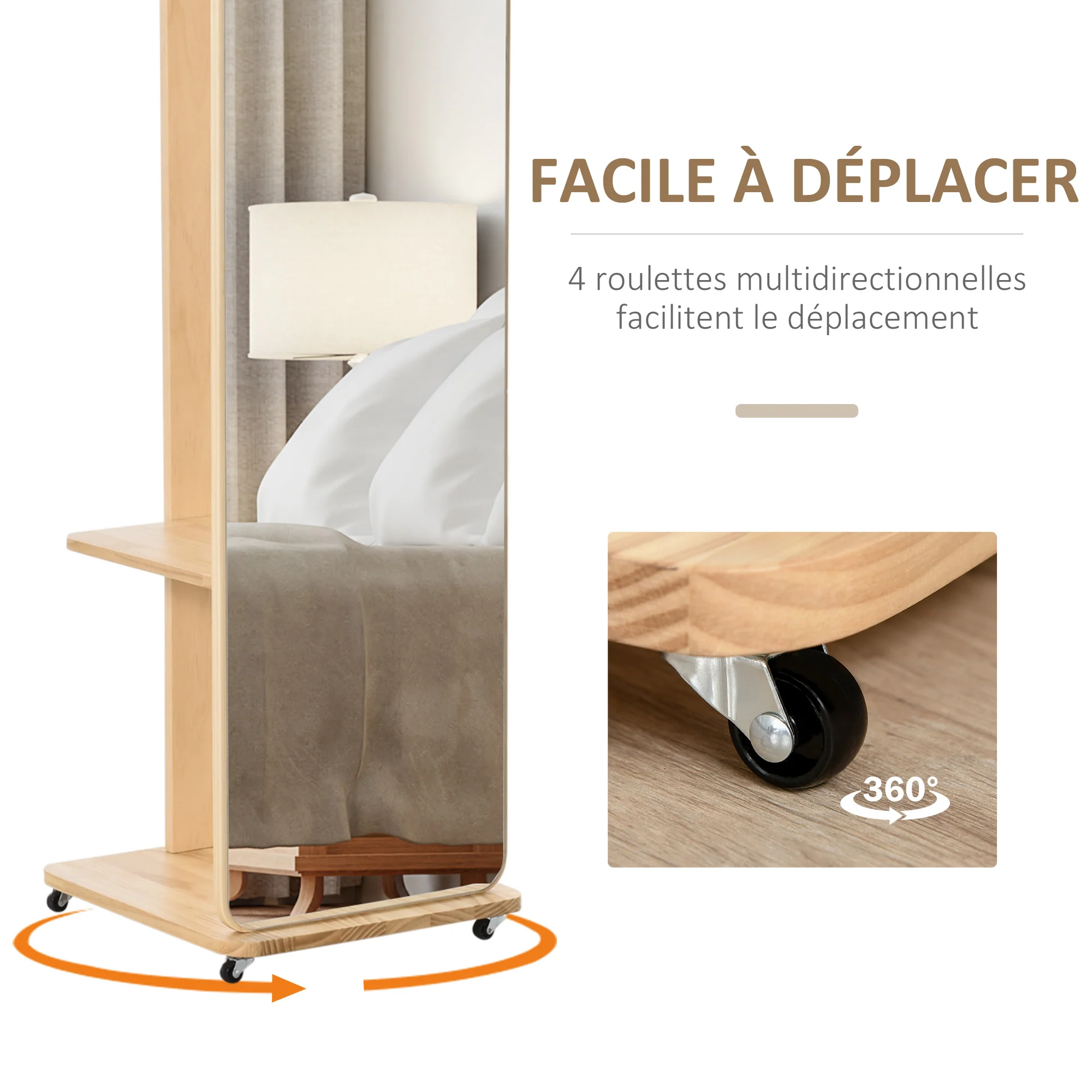 Miroir sur Pied avec roulettes - Portant, 4 patères étagère MDF Aspect Bois Clair - Image 3