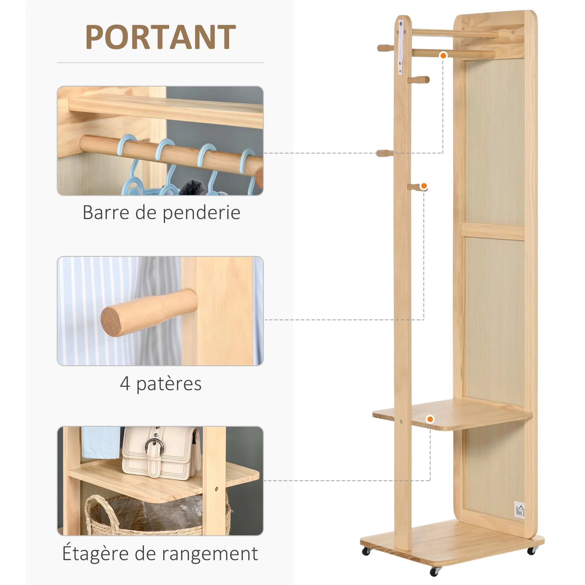 Miroir sur Pied avec roulettes - Portant, 4 patères étagère MDF Aspect Bois Clair - Image 4