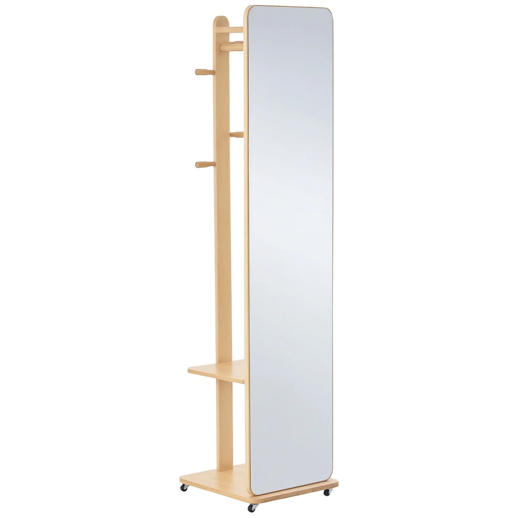 Miroir sur Pied avec roulettes - Portant, 4 patères étagère MDF Aspect Bois Clair - Image 9