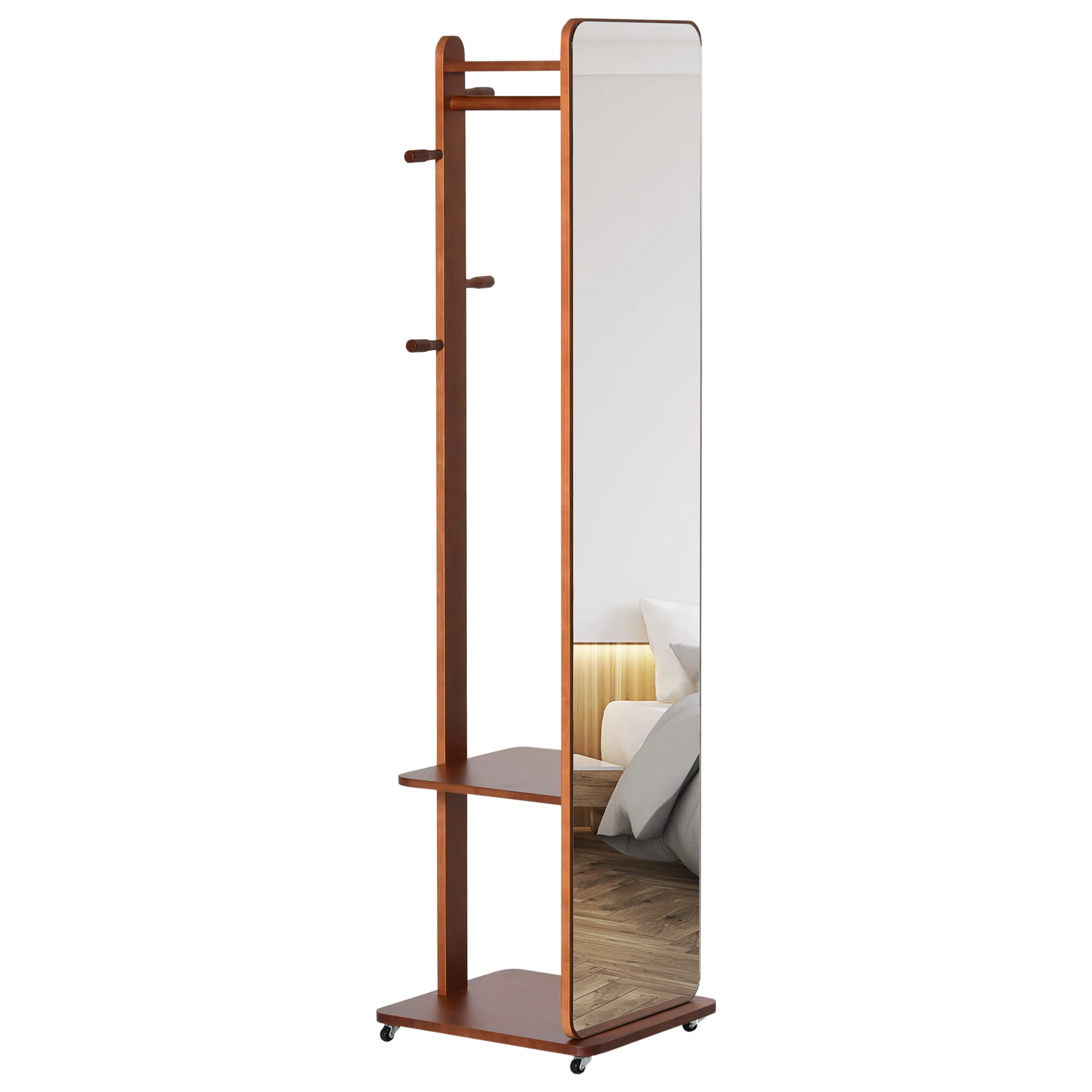 Miroir sur Pied avec roulettes - Portant, 4 patères étagère MDF Aspect Noyer - Image 2