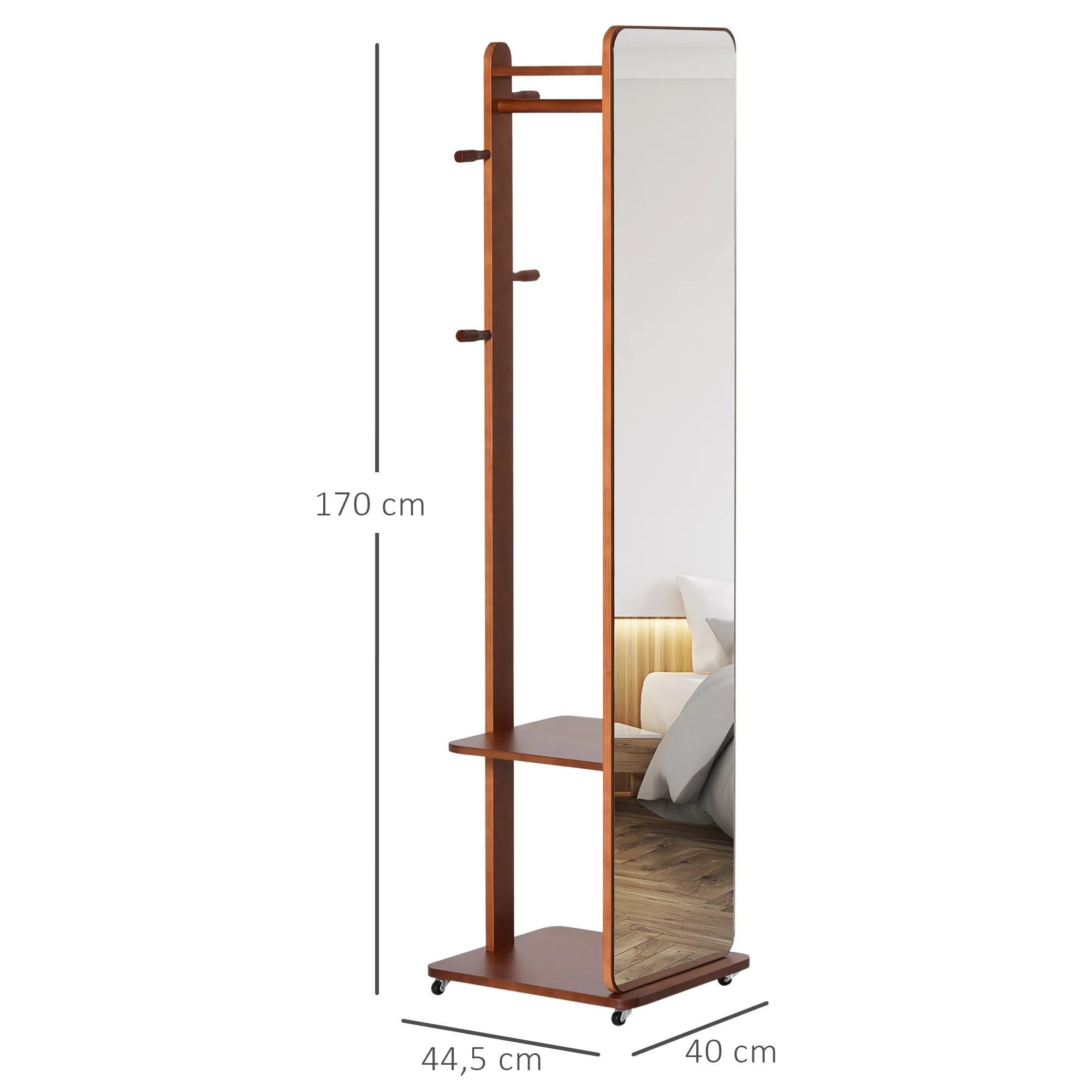 Miroir sur Pied avec roulettes - Portant, 4 patères étagère MDF Aspect Noyer - Image 4