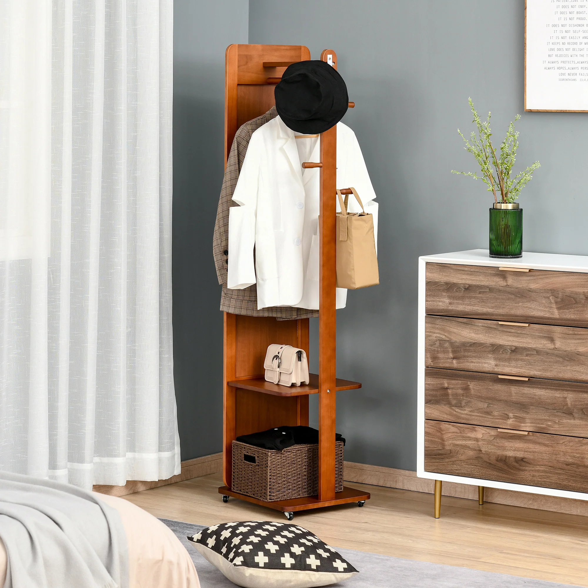 Miroir sur Pied avec roulettes - Portant, 4 patères étagère MDF Aspect Noyer - Image 5