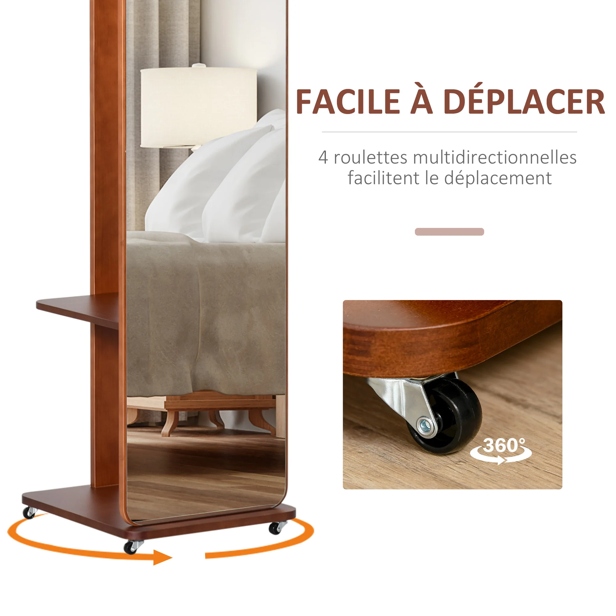 Miroir sur Pied avec roulettes - Portant, 4 patères étagère MDF Aspect Noyer - Image 7