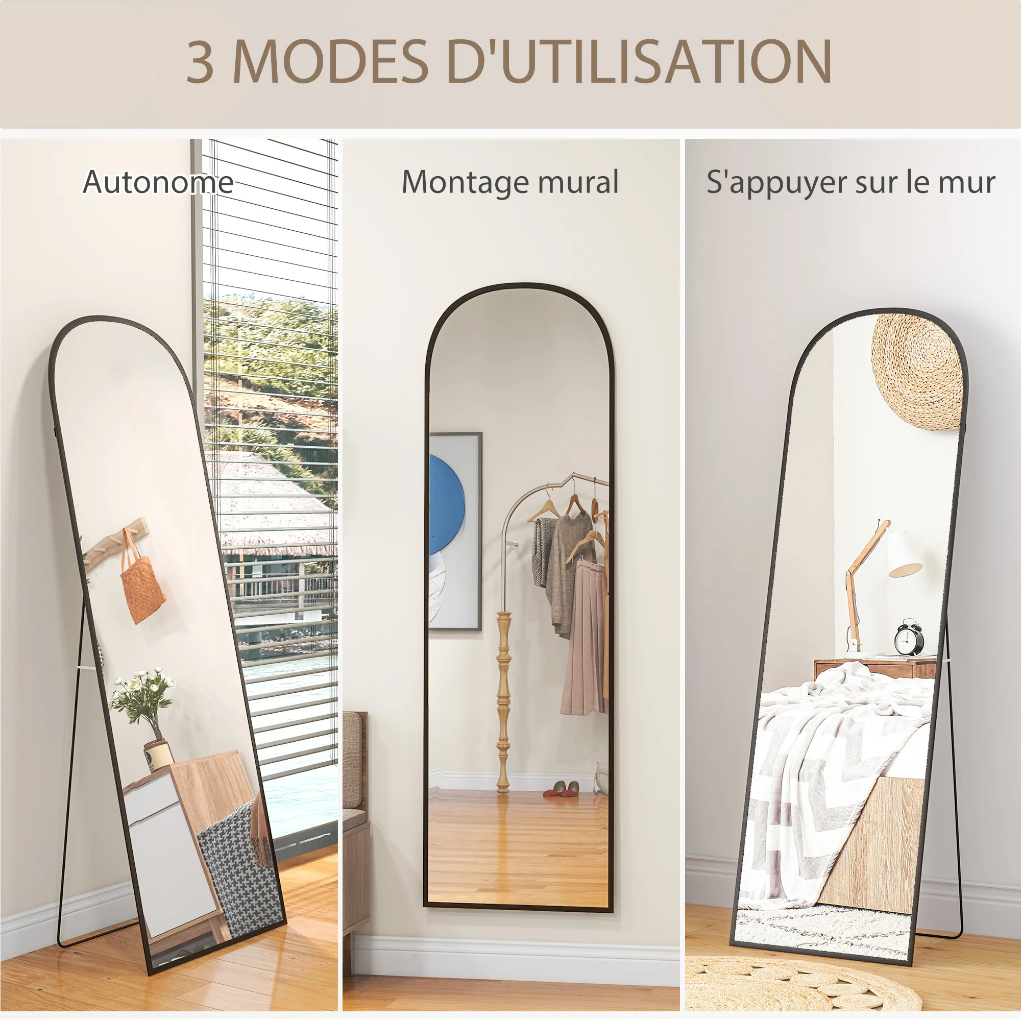 Miroir sur pied, miroir mural rectangulaire, arrondi, cadre en aluminium, support pour entrée, chambre, dressing, 50 x 161,5 cm, noir - Image 8