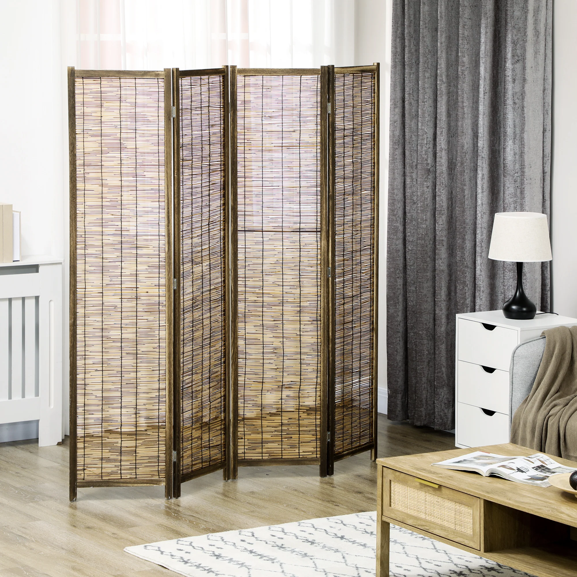Paravent en bois 4 panneaux 160 x 170 cm séparateur de pièce closion de séparation pliable - naturel - Image 3