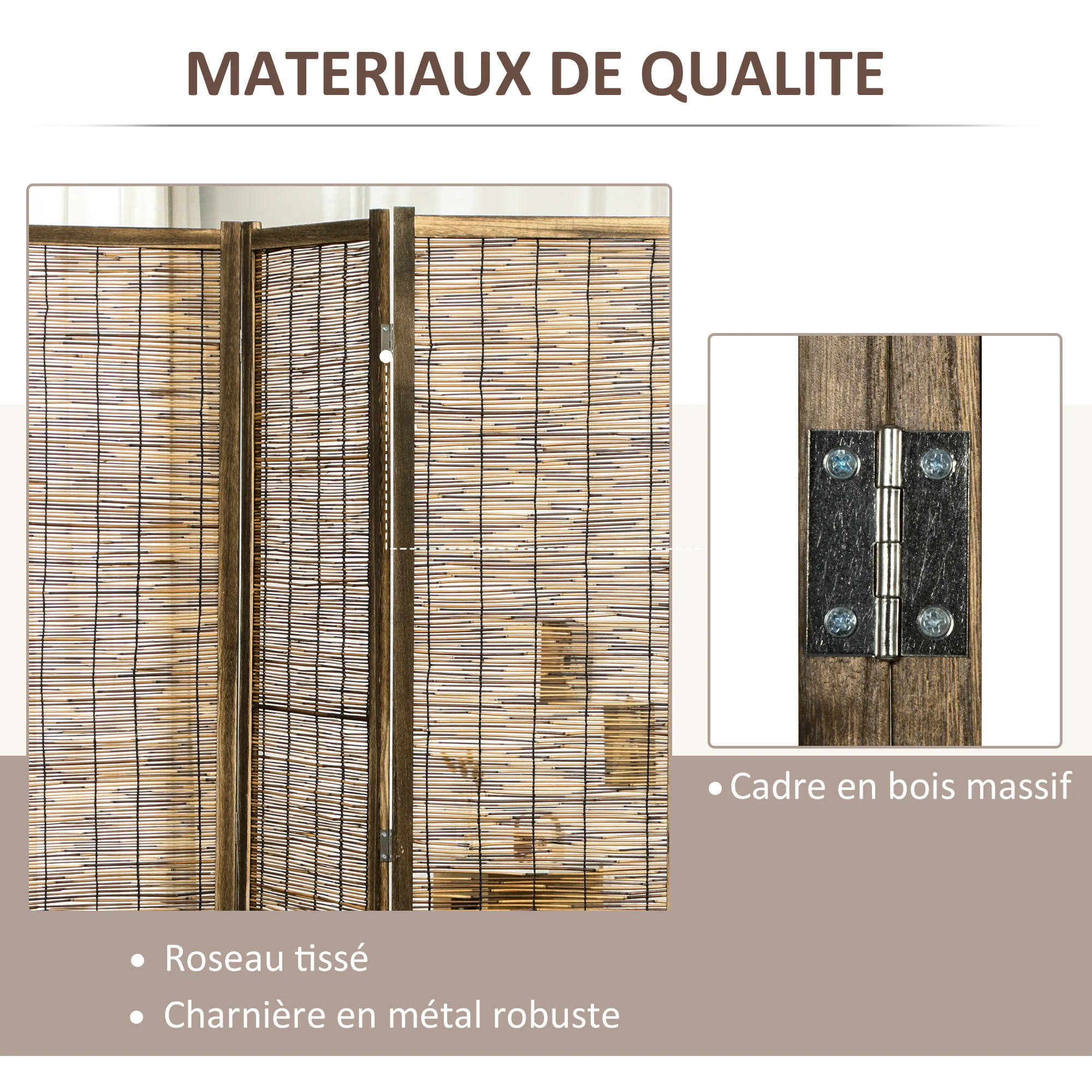 Paravent en bois 4 panneaux 160 x 170 cm séparateur de pièce closion de séparation pliable - naturel - Image 6