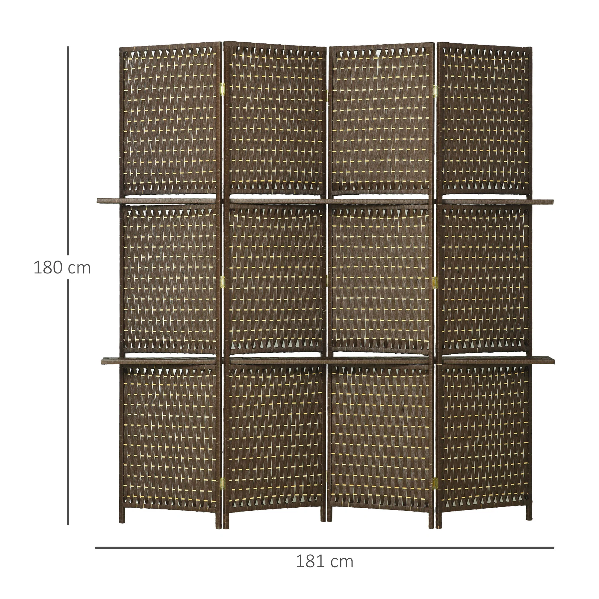 Paravent intérieur 4 panneaux 181L x 180H cm 2 étagères pliables séparateur de pièce bois de pin bambou fibres de papier tressée marron - Image 4