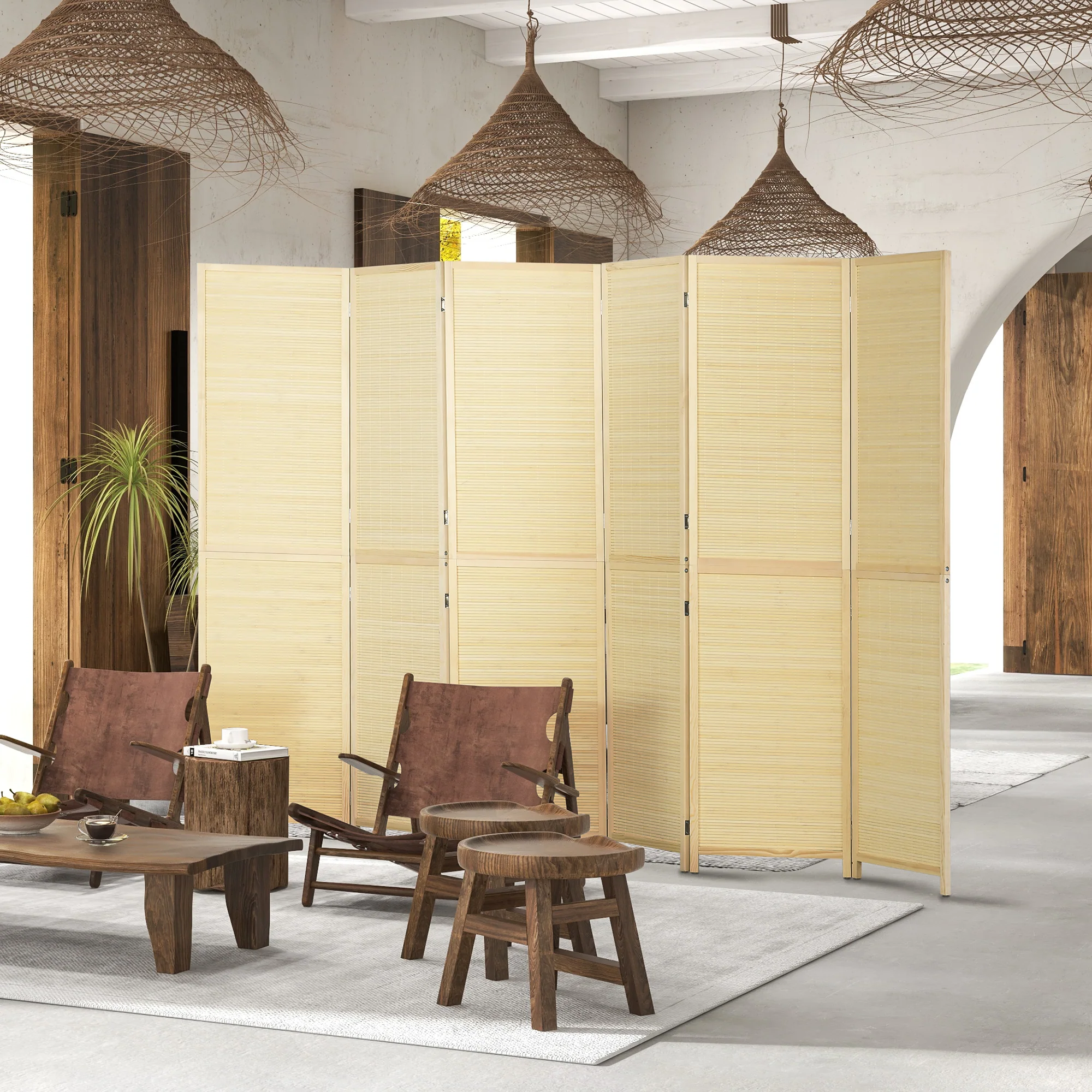 Paravent intérieur en Bambou 6 Panneaux 270 x 180 cm séparateur de pièce cloison de séparation Pliable - Naturel - Image 3