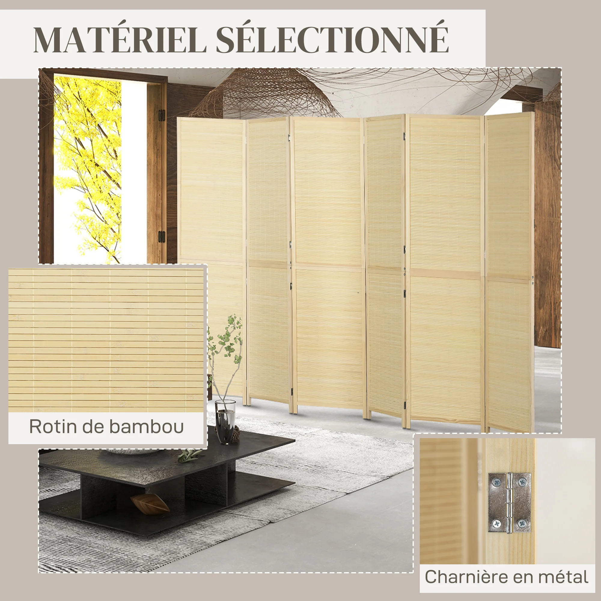 Paravent intérieur en Bambou 6 Panneaux 270 x 180 cm séparateur de pièce cloison de séparation Pliable - Naturel - Image 7