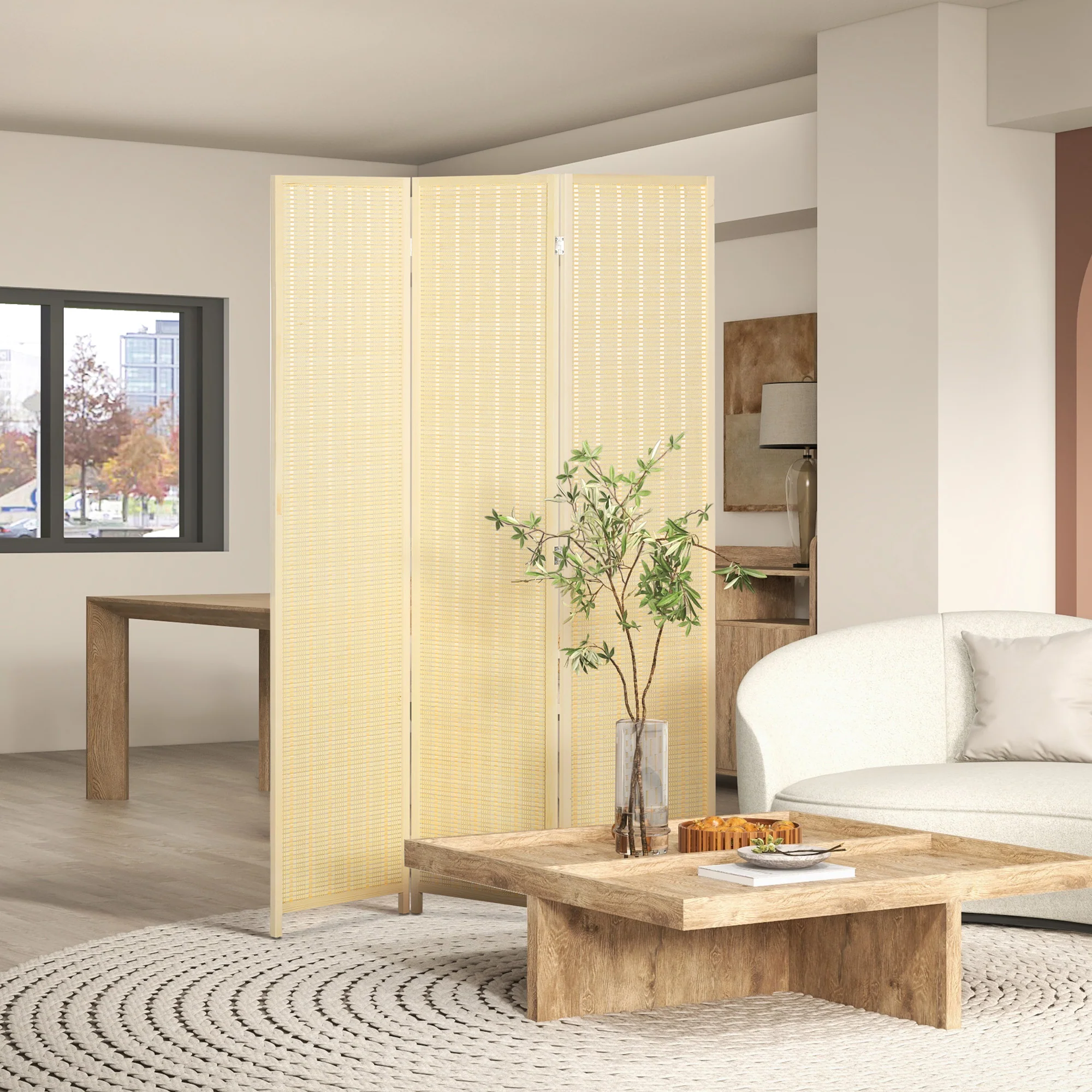 Paravent interieur en bois 3 panneaux 135 x 180 cm séparateur de pièce pliable cloison de séparation pour salon chambre à coucher maison, bois naturel - Image 3