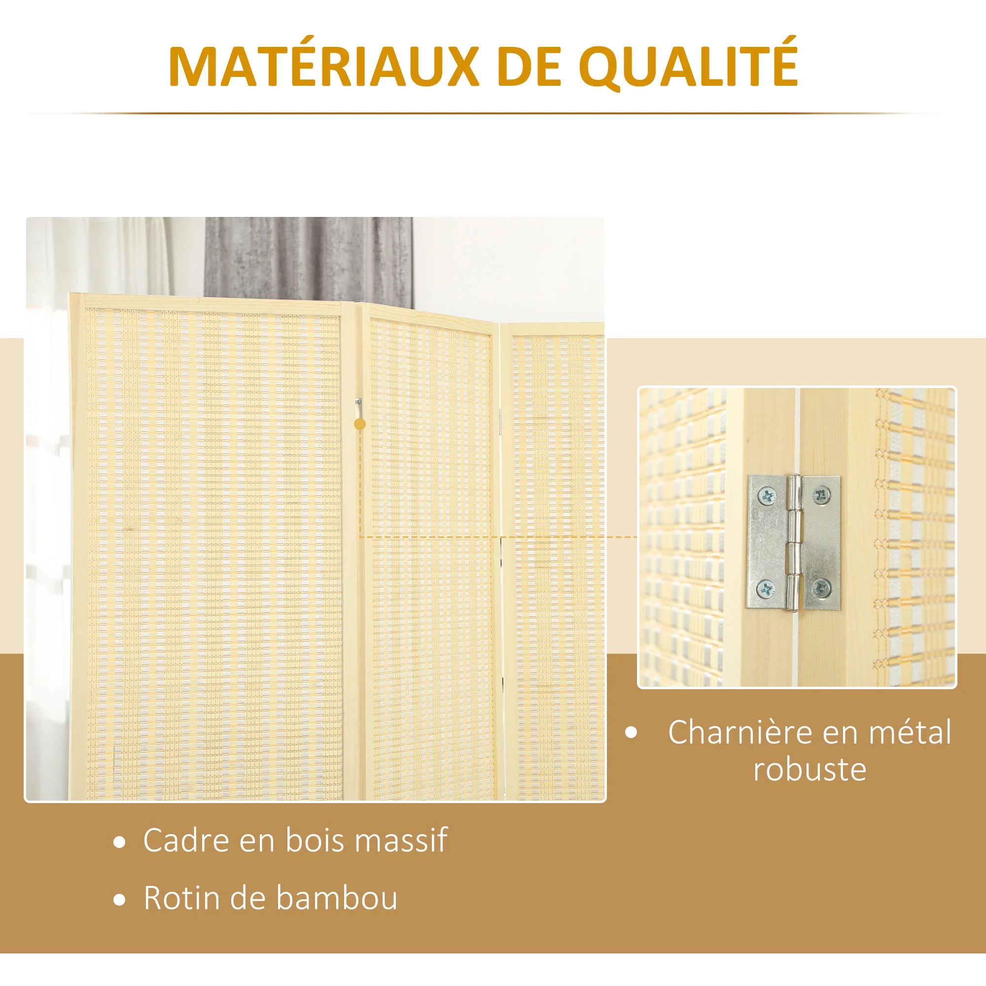 Paravent interieur en bois 3 panneaux 135 x 180 cm séparateur de pièce pliable cloison de séparation pour salon chambre à coucher maison, bois naturel - Image 6