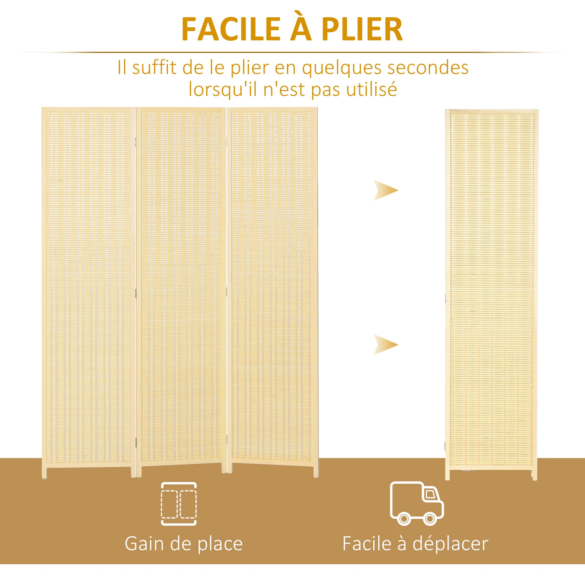 Paravent interieur en bois 3 panneaux 135 x 180 cm séparateur de pièce pliable cloison de séparation pour salon chambre à coucher maison, bois naturel - Image 7