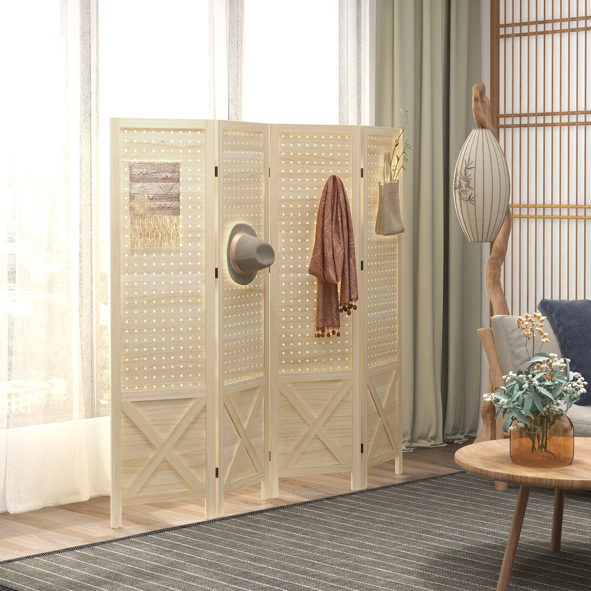 Paravent intérieur en bois, 4 panneaux, 152 x 144,5 cm, panneau perforé, séparateur de pièce pliable, Panneau perforé pour salon, chambre à coucher, maison, bois naturel - Image 10
