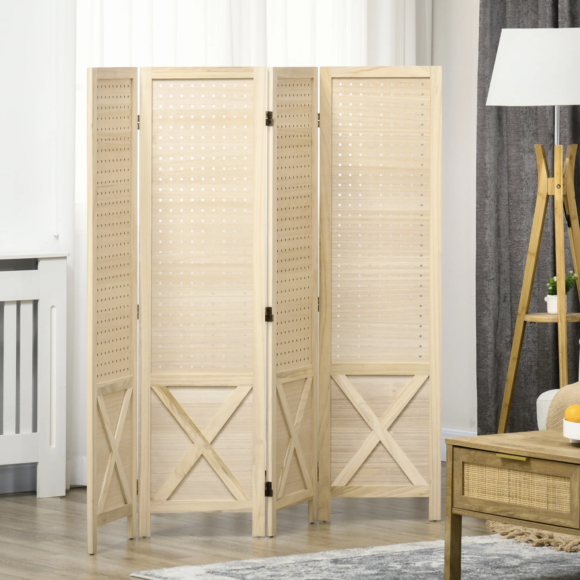 Paravent intérieur en bois, 4 panneaux, 152 x 144,5 cm, panneau perforé, séparateur de pièce pliable, Panneau perforé pour salon, chambre à coucher, maison, bois naturel - Image 3