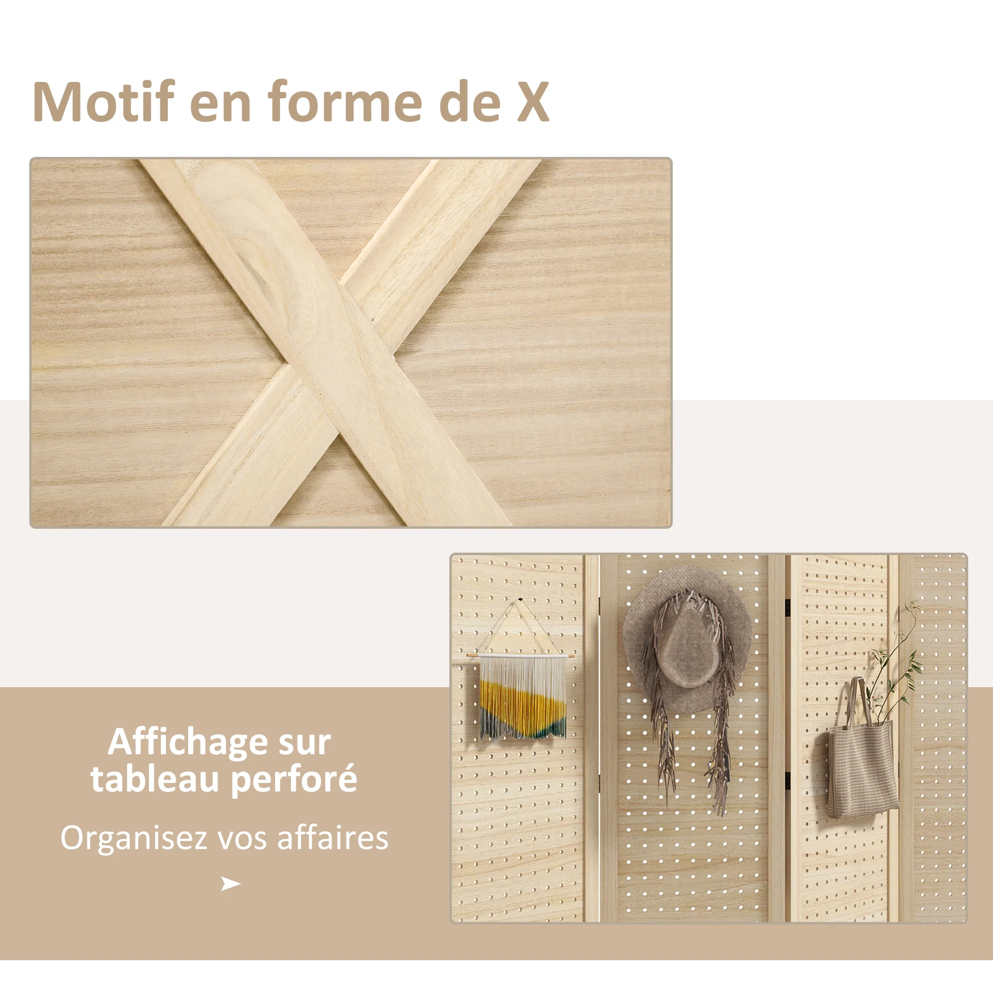 Paravent intérieur en bois, 4 panneaux, 152 x 144,5 cm, panneau perforé, séparateur de pièce pliable, Panneau perforé pour salon, chambre à coucher, maison, bois naturel - Image 5