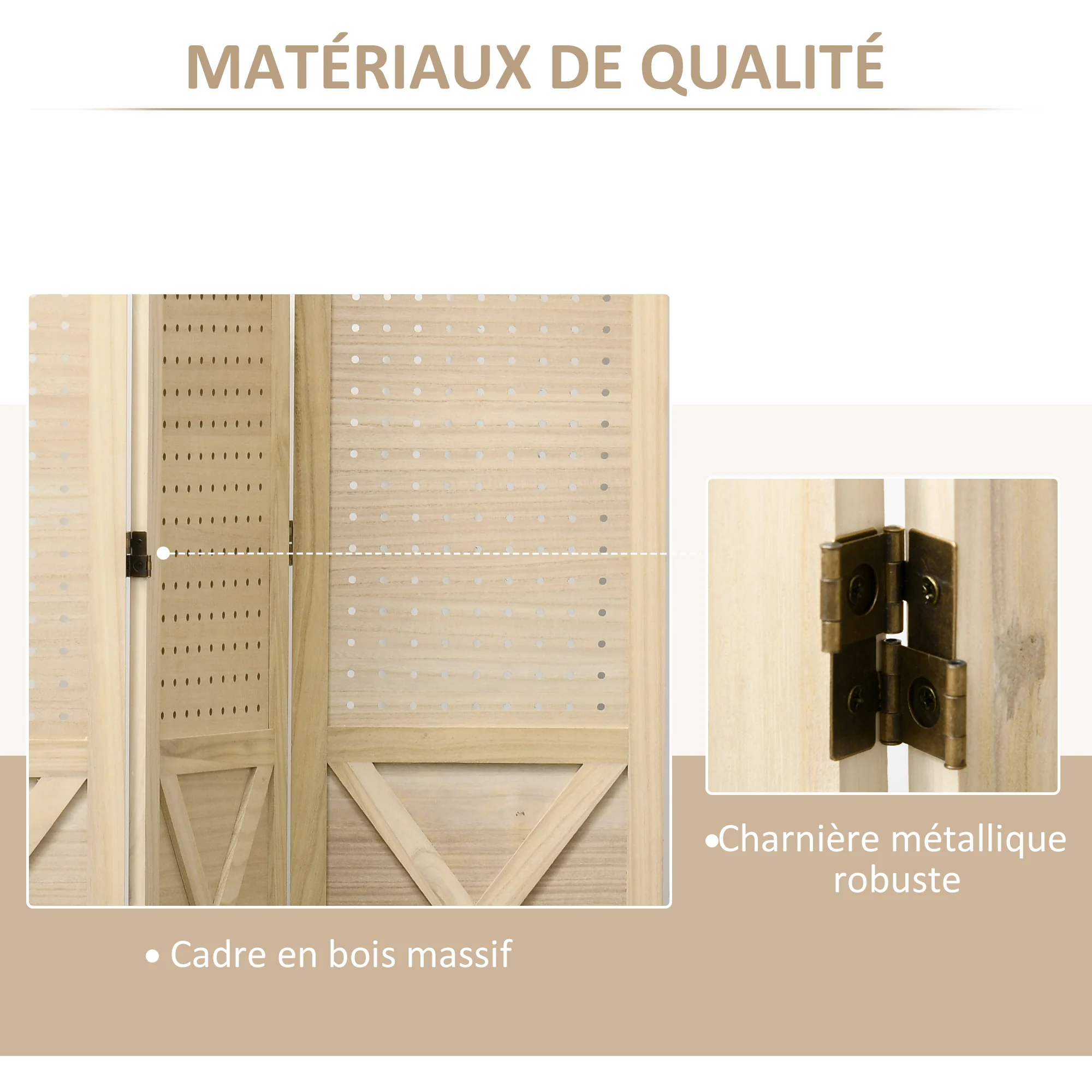 Paravent intérieur en bois, 4 panneaux, 152 x 144,5 cm, panneau perforé, séparateur de pièce pliable, Panneau perforé pour salon, chambre à coucher, maison, bois naturel - Image 6